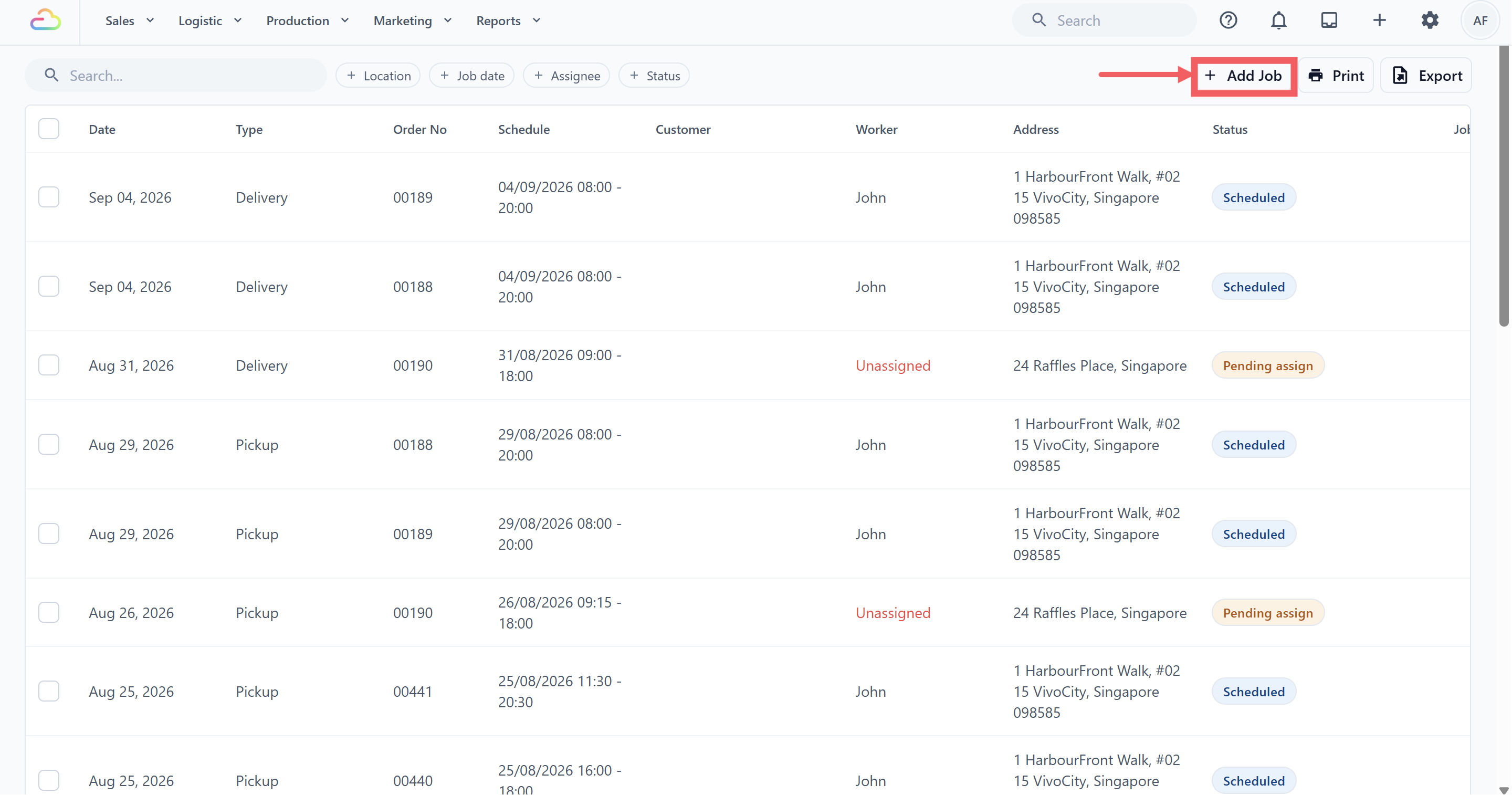 Screenshot placeholder: Current Job Table toolbar with Add Job highlighted.