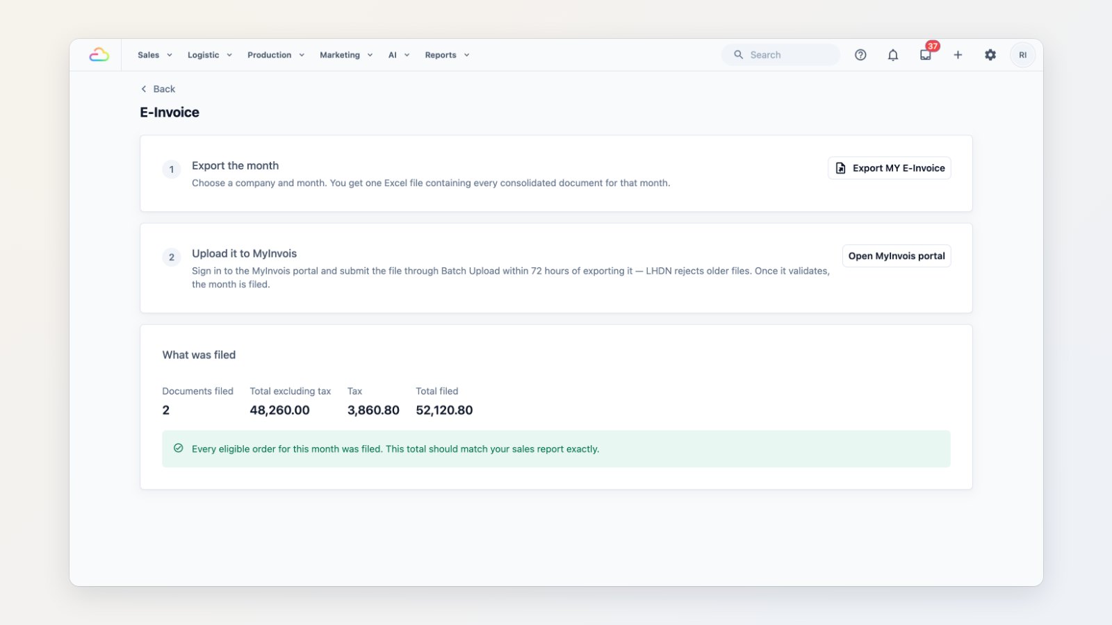 The E-Invoice report in EasyBiz Console for a Malaysian market