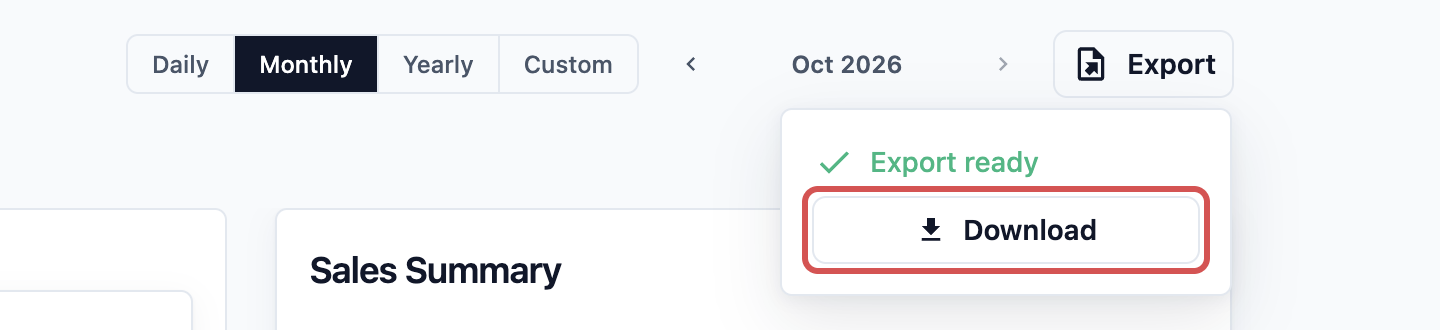 The Export ready box under the Export button, with the Download button marked