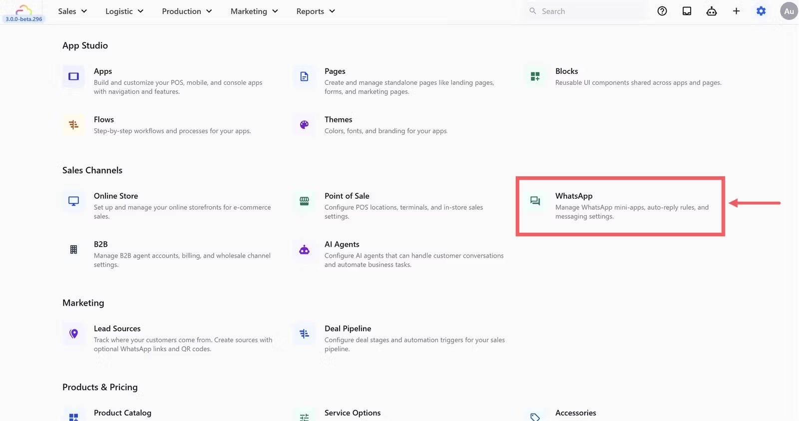 Scroll down to the Sales Channels section and click WhatsApp