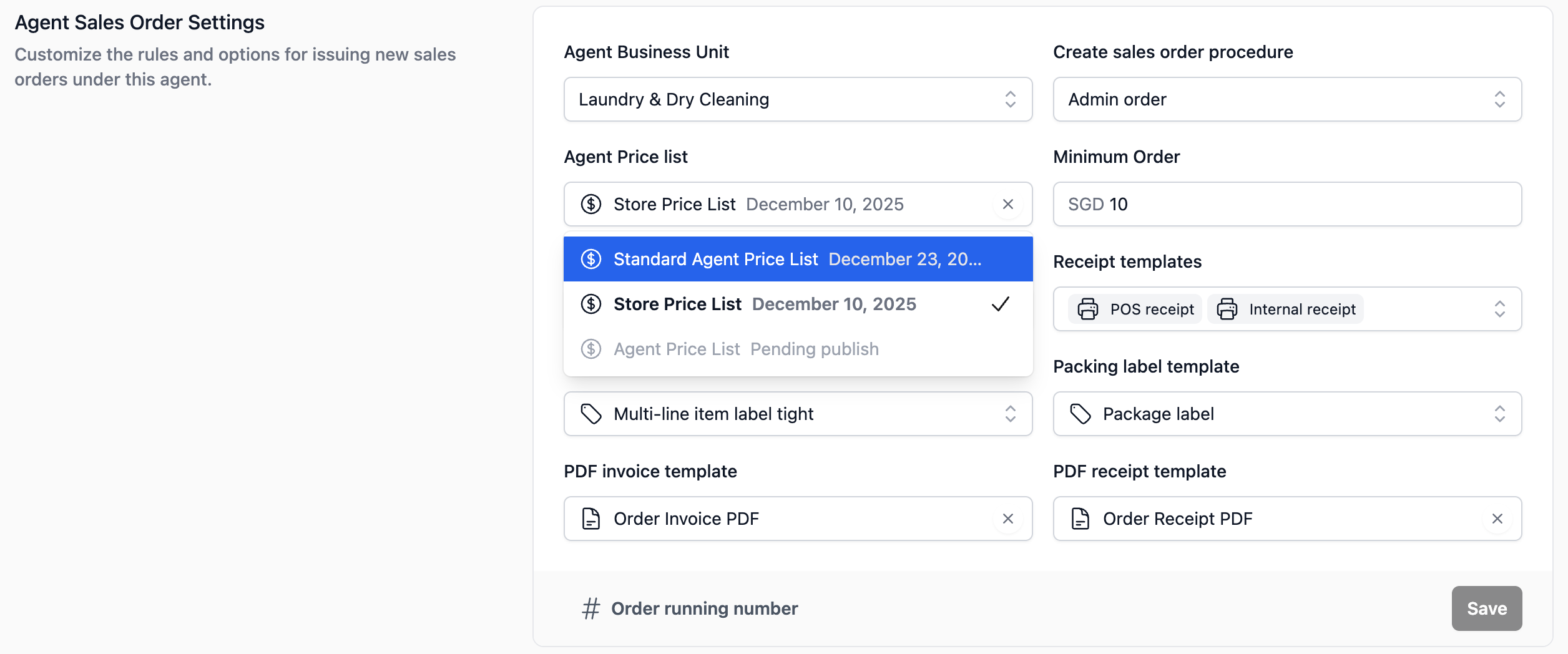 Scroll down the profile page until you locate the Agent Sales Order Settings section. Under the Agent Price List field, click the dropdown box and select your newly created agent price list.