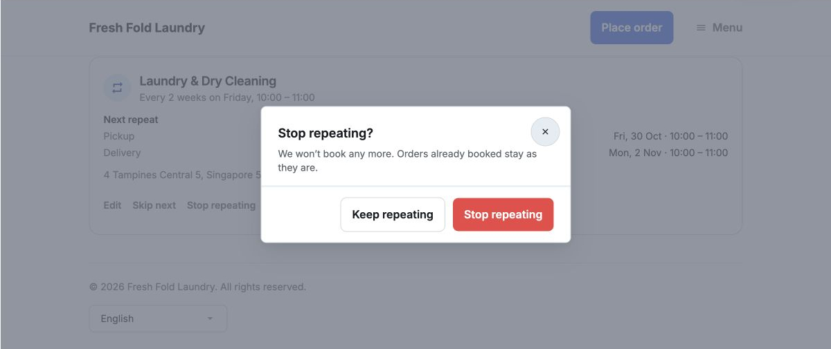 Customer stop confirmation explains that existing orders stay unchanged