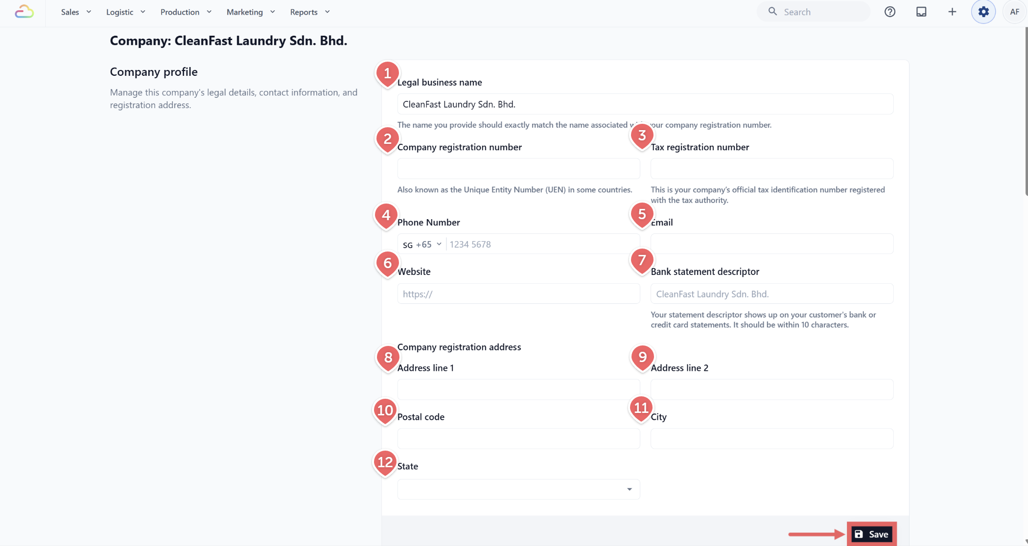 This section captures every legal and contact detail printed on customer-facing documents and used for tax exports.