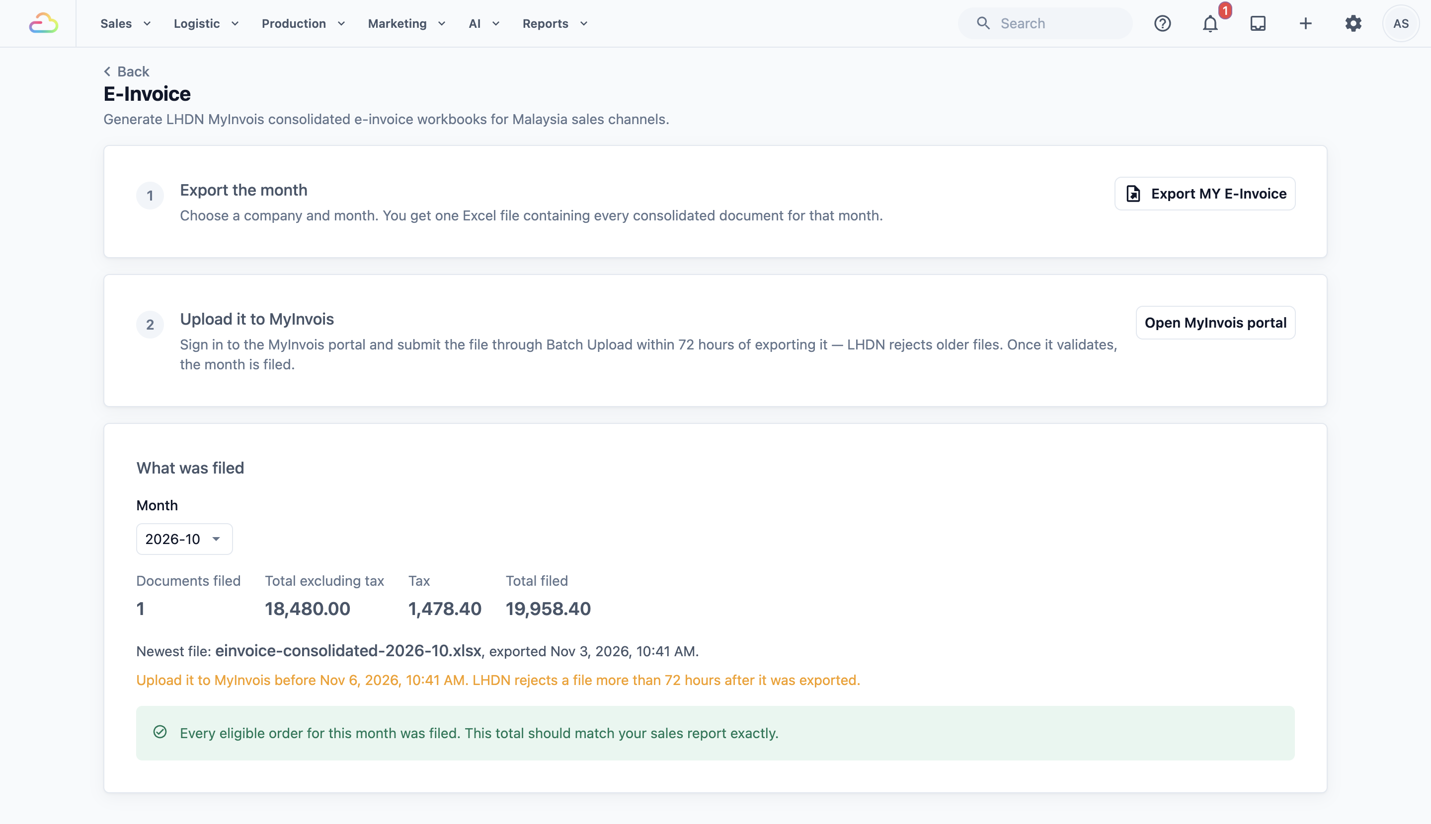 The E-Invoice page with the Export the month and Upload it to MyInvois cards, and What was filed below