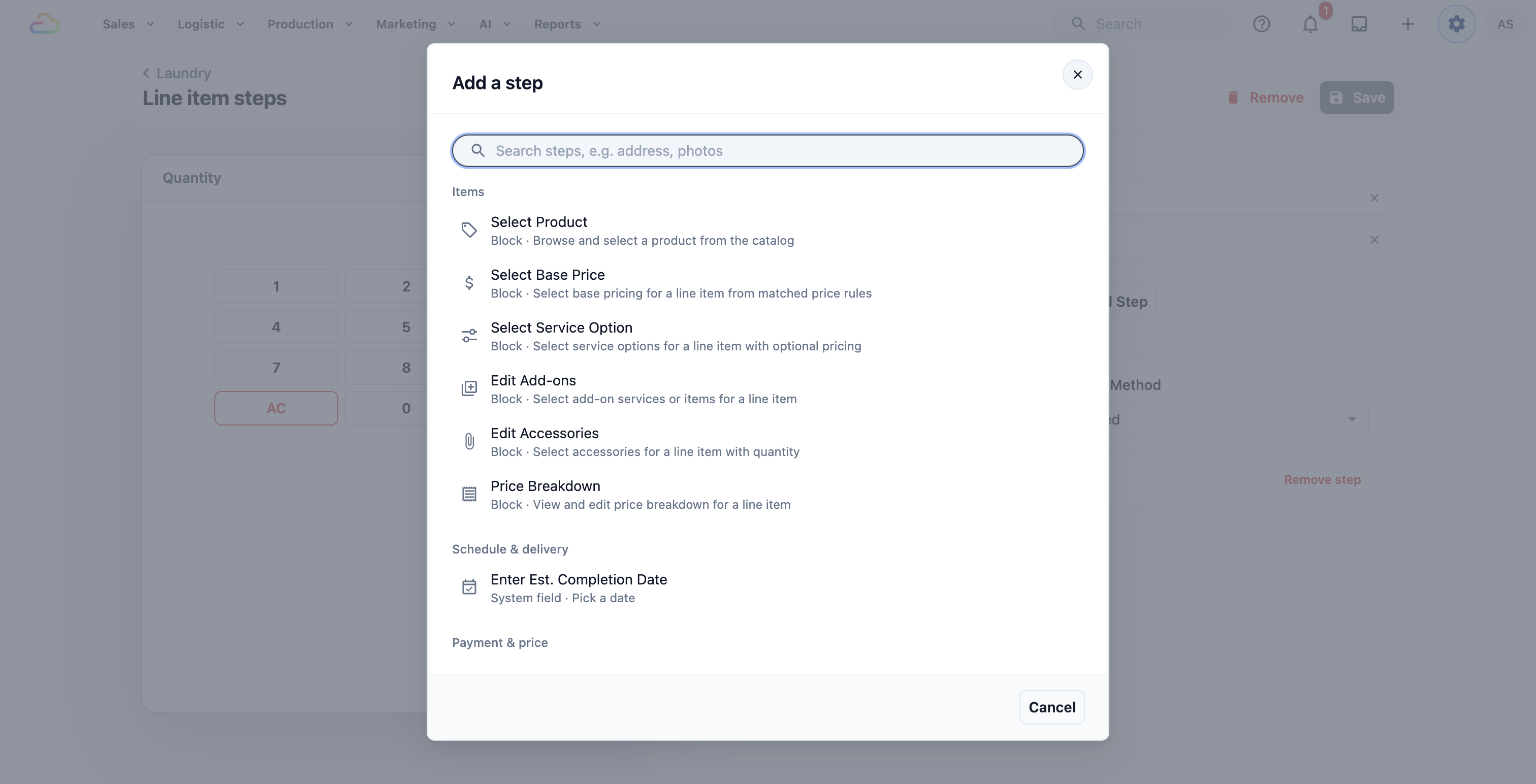 The Add a step window, listing the steps you can add grouped under Items, Schedule &amp; delivery and Payment &amp; price