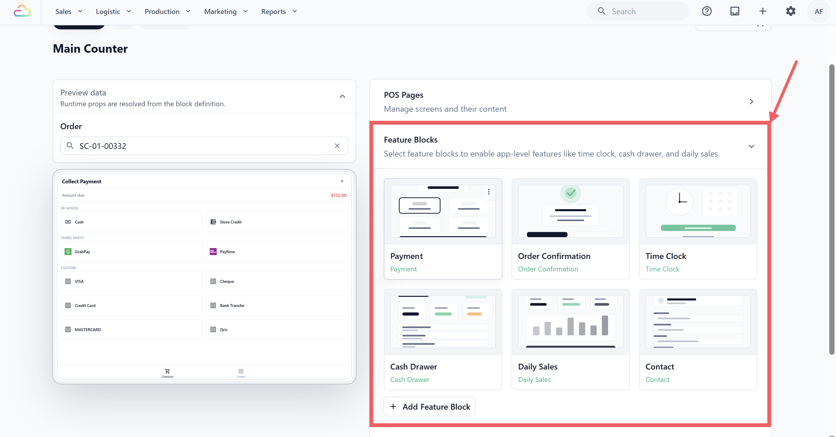 You configure your blocks by going to Settings → POS → POS App → Feature Blocks