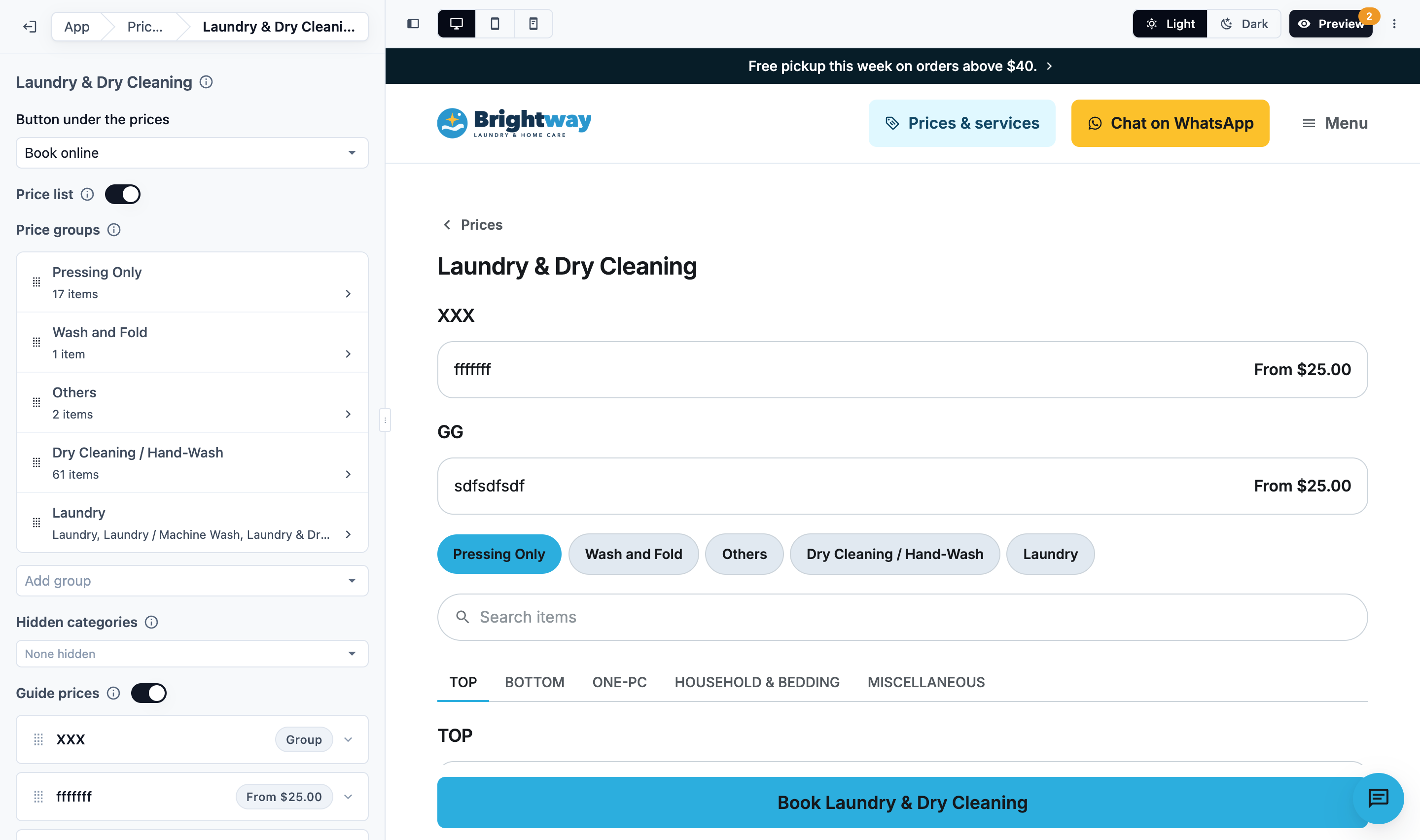 The settings of one business unit on the Prices page: Button under the prices, Price list, Price groups, Hidden categories and Guide prices