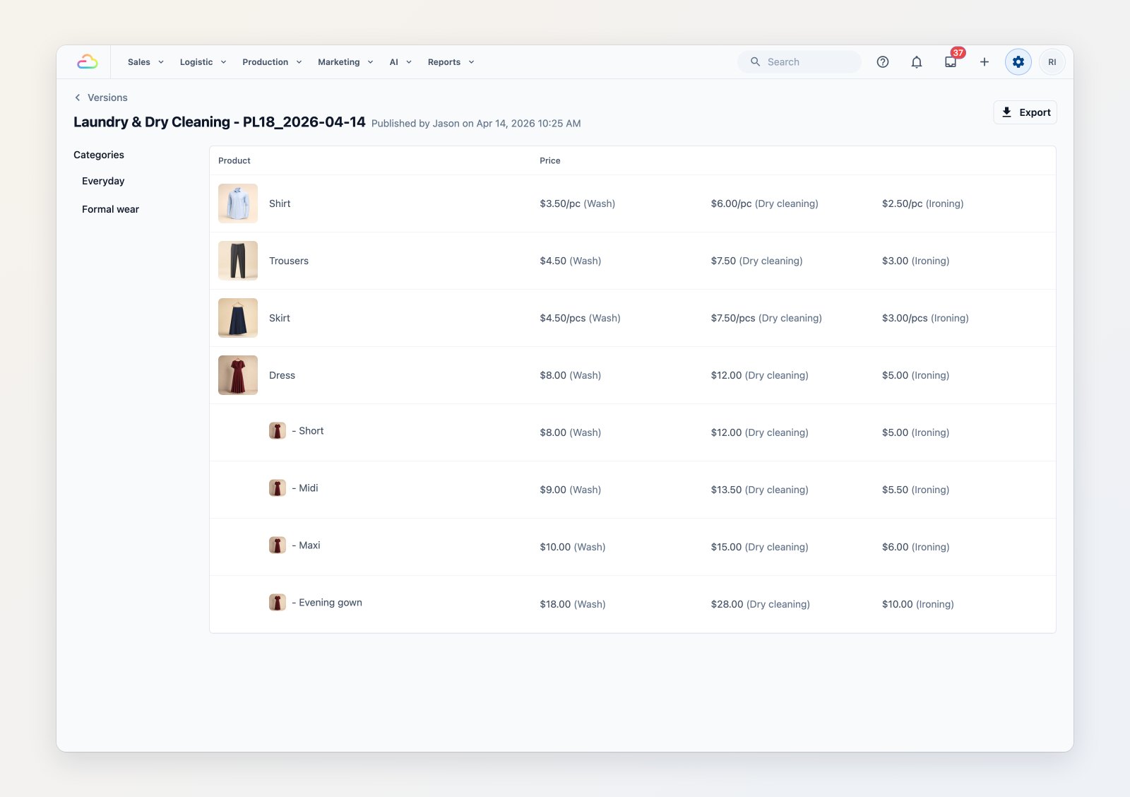 A price list with photos of a shirt, trousers, a skirt and a dress, each priced for wash, dry cleaning and ironing, with dress lengths as variants