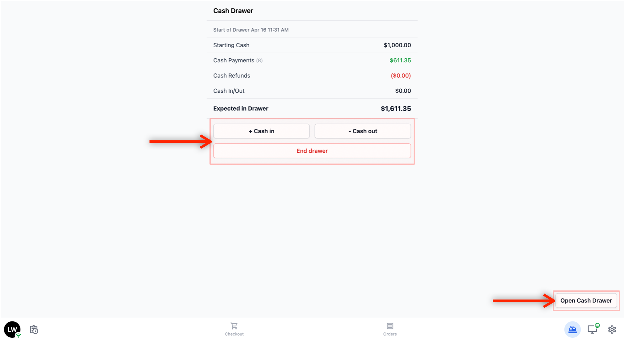 Open Cash Drawer: Physically open the cash drawer (if connected to the POS).
