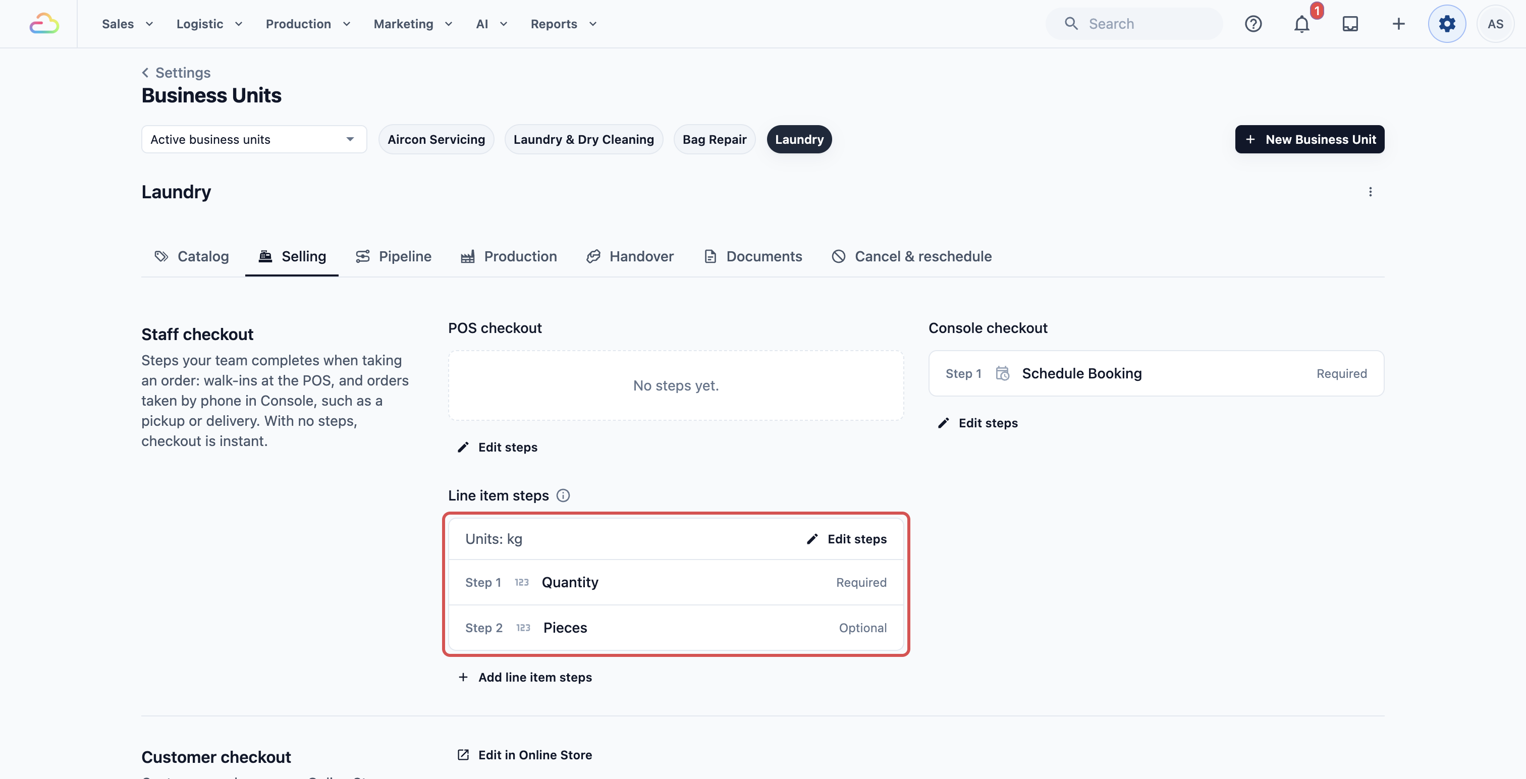 The Selling tab with a saved line item set labelled "Units: kg", listing the Quantity and Pieces steps, with the Edit steps button