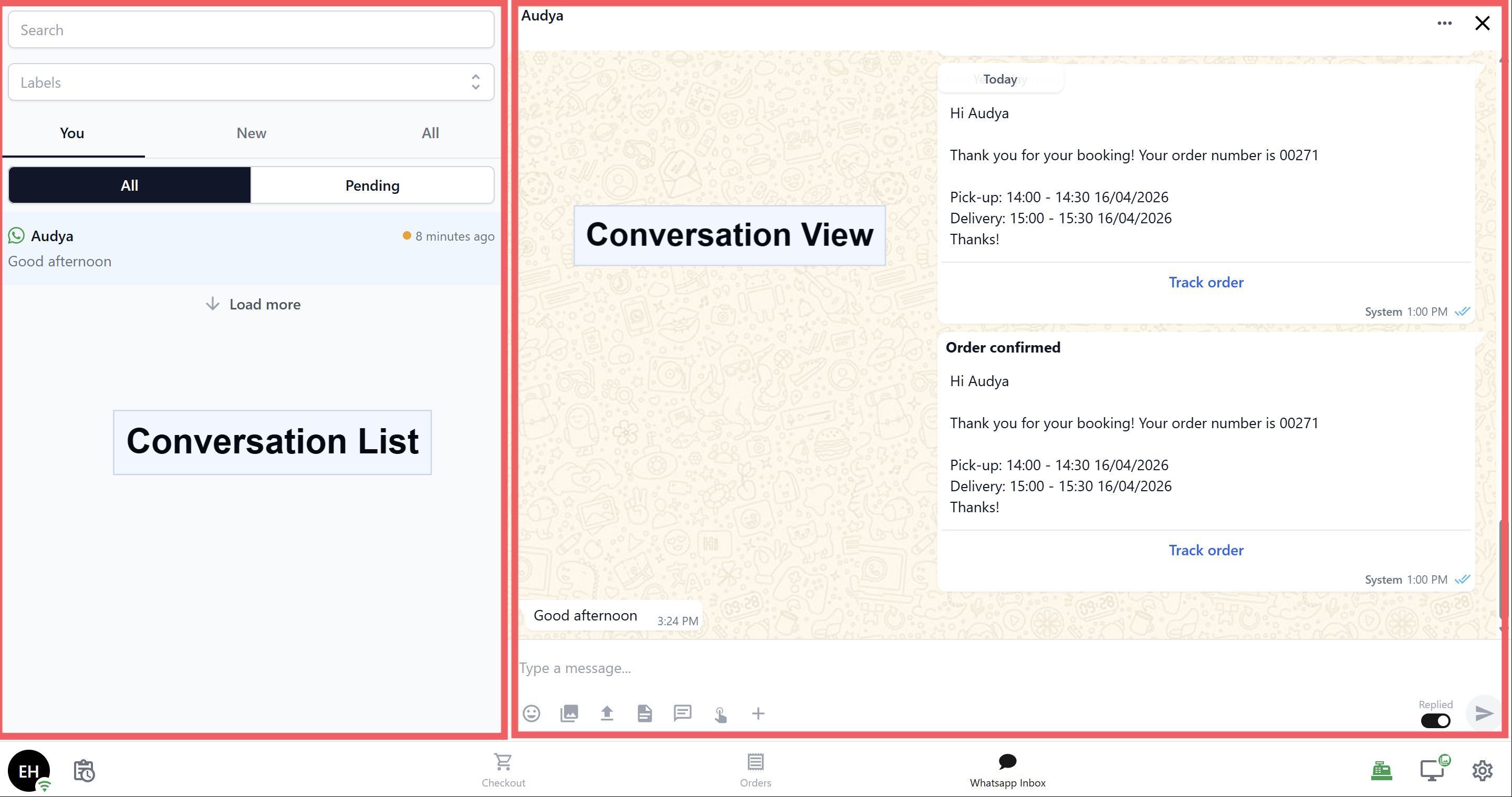 When staff tap the Inbox tab on the POS, they'll see a split-screen view.