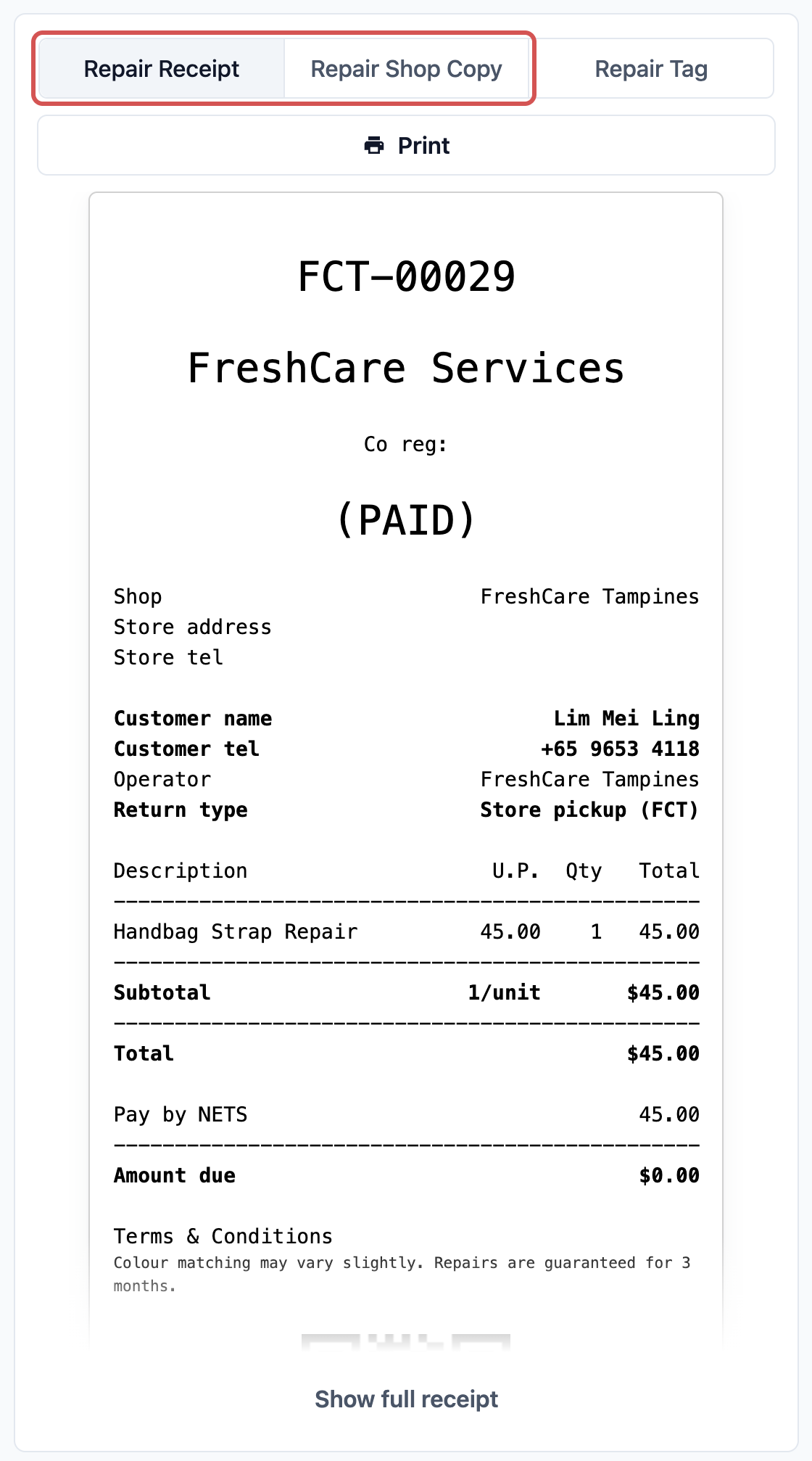 The print section of a Bag Repair order on the POS, with the Repair Receipt, Repair Shop Copy and Repair Tag tabs