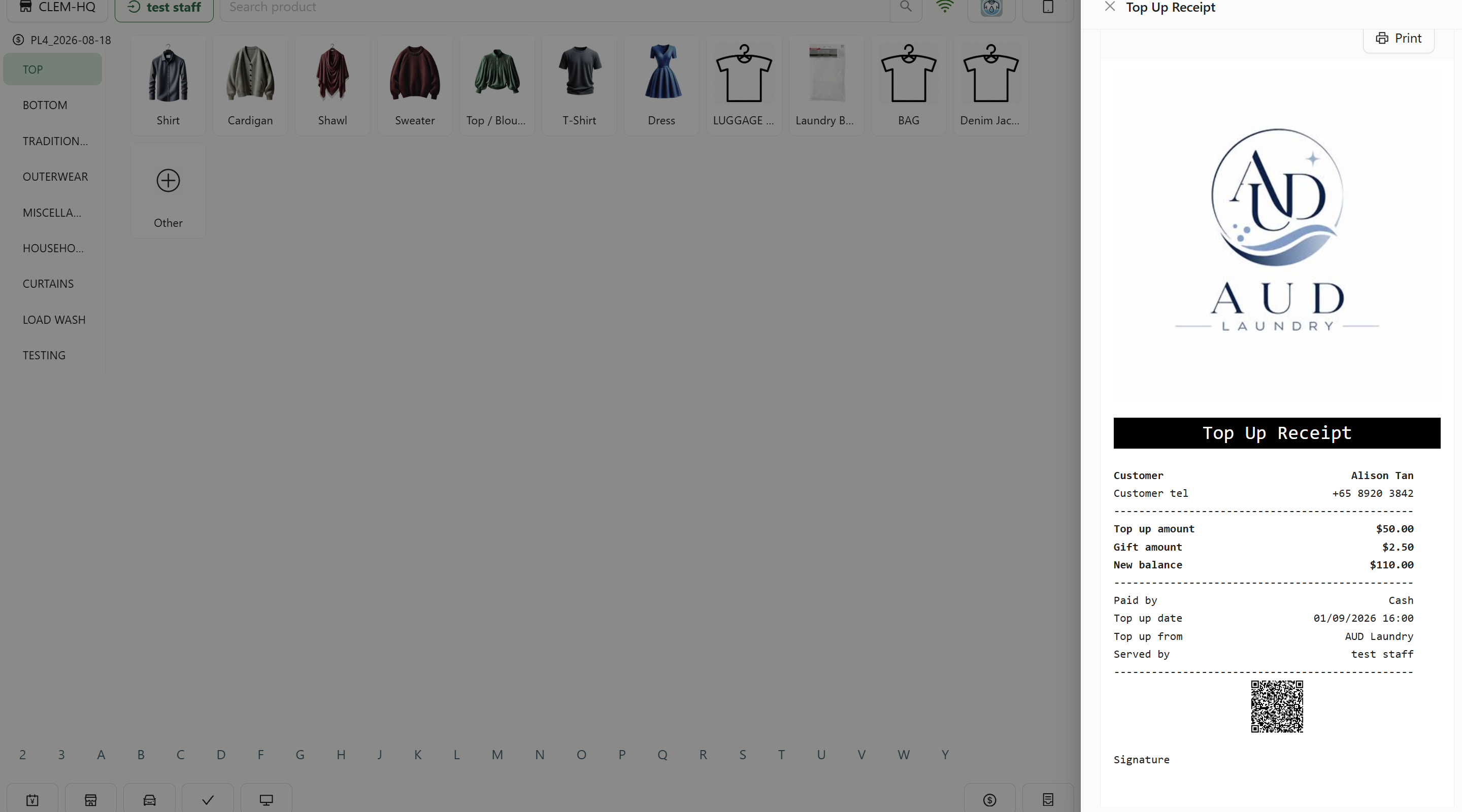 After a successful top-up the slip appears on screen with a Print receipt button.