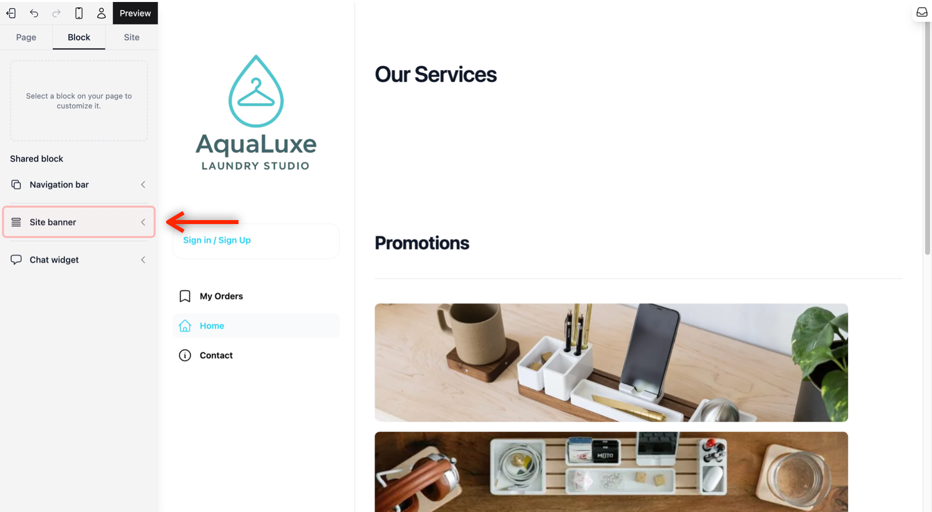 Under the Block tab, click on Site banner.  Select the one you like, and it will appear at the top of your website.