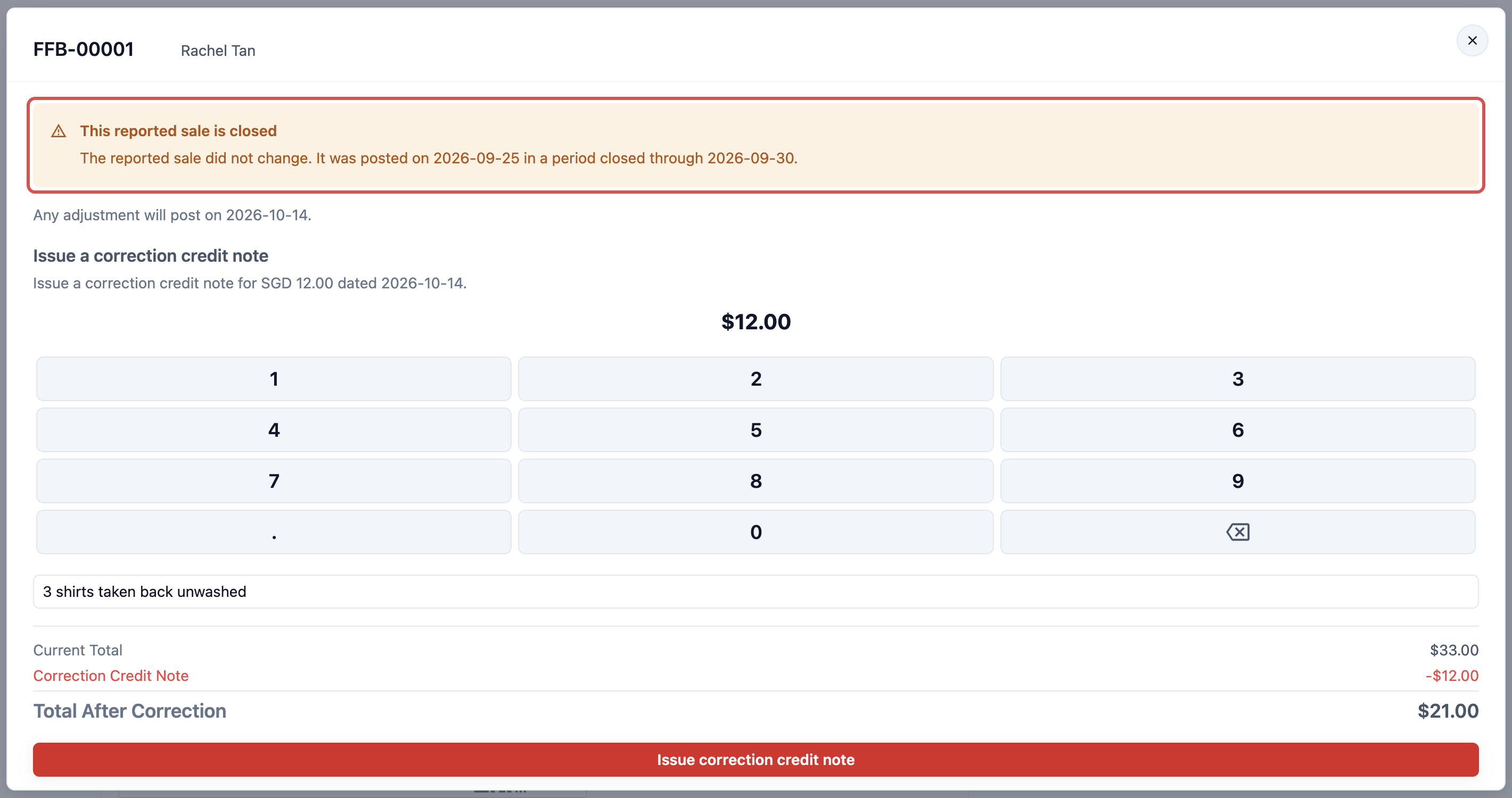 The order edit window marked with This reported sale is closed, above the Issue a correction credit note section