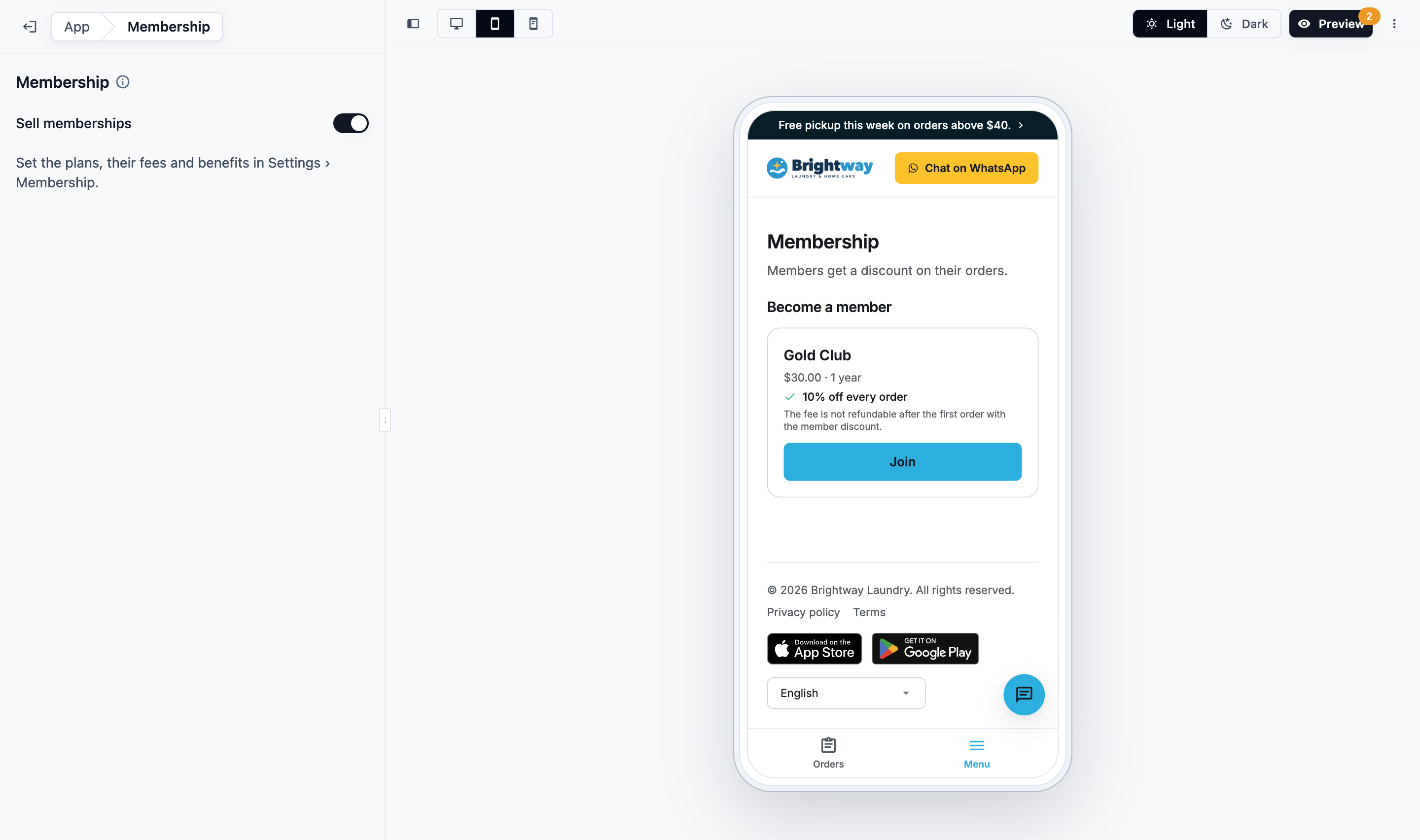 The store editor's Membership page with Sell memberships switched on