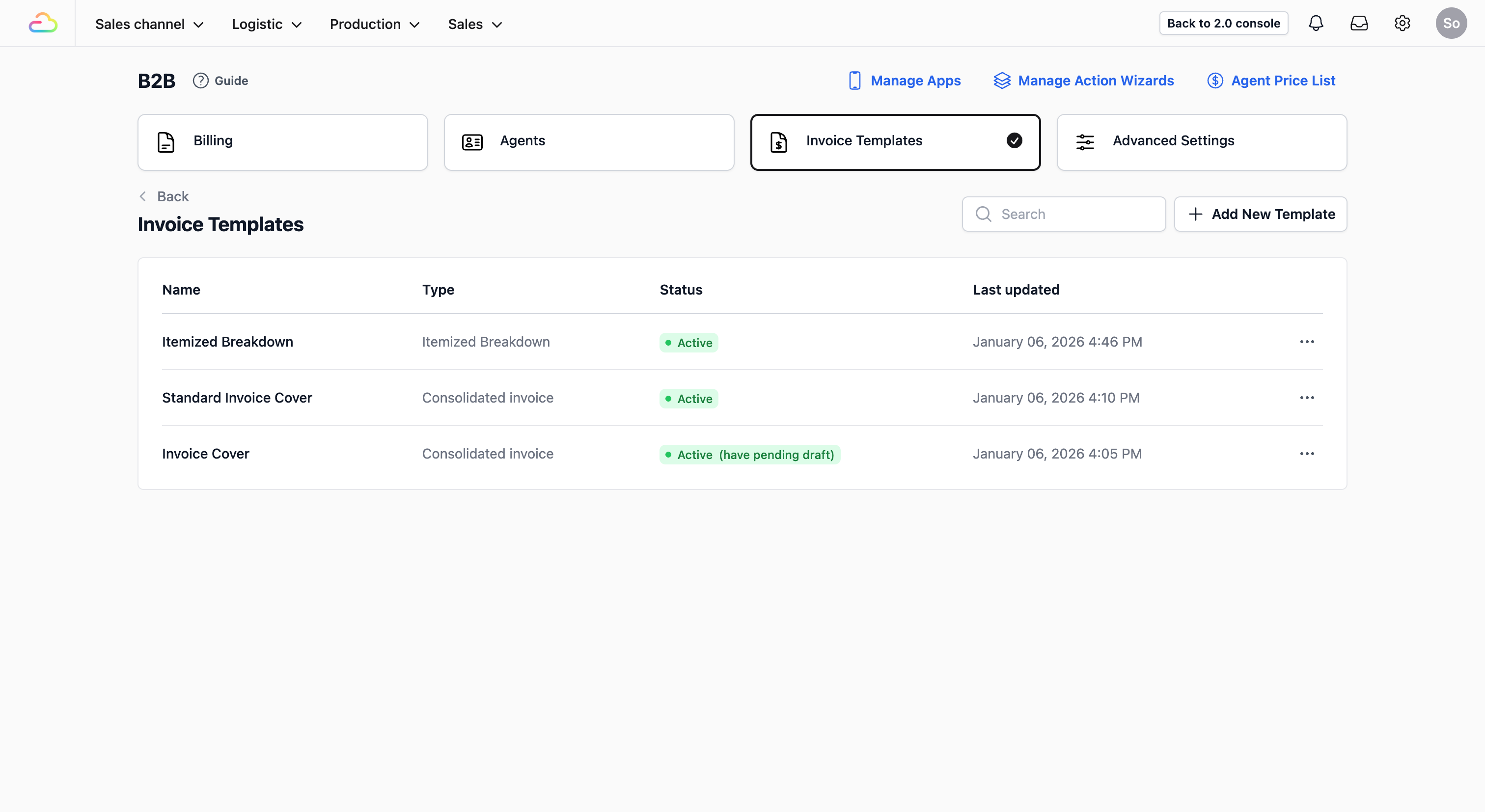 You should now see both the Invoice Cover and Itemized Breakdown templates listed in your table with an Active status.
