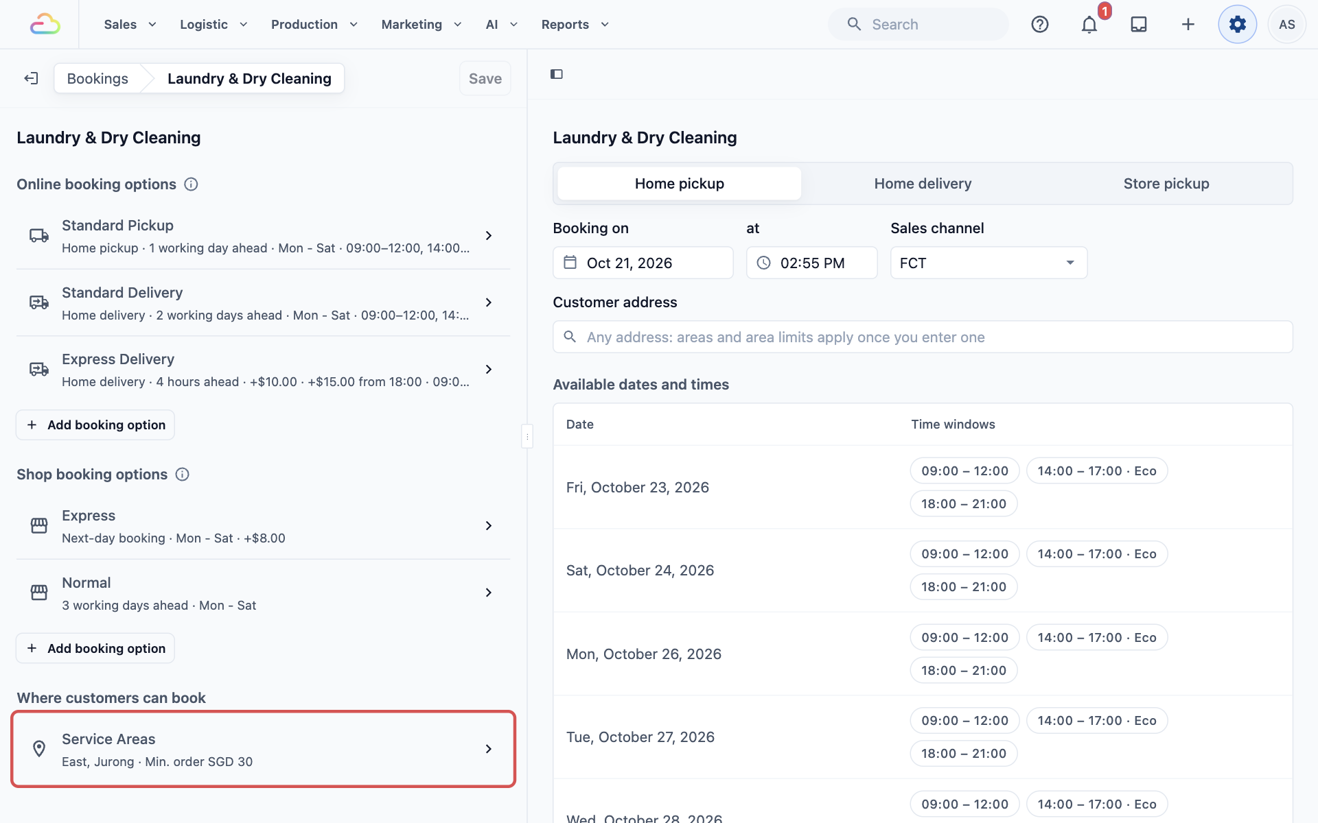 The Laundry &amp; Dry Cleaning page in Bookings with the Service Areas row highlighted under Where customers can book, showing "East, Jurong · Min. order SGD 30"