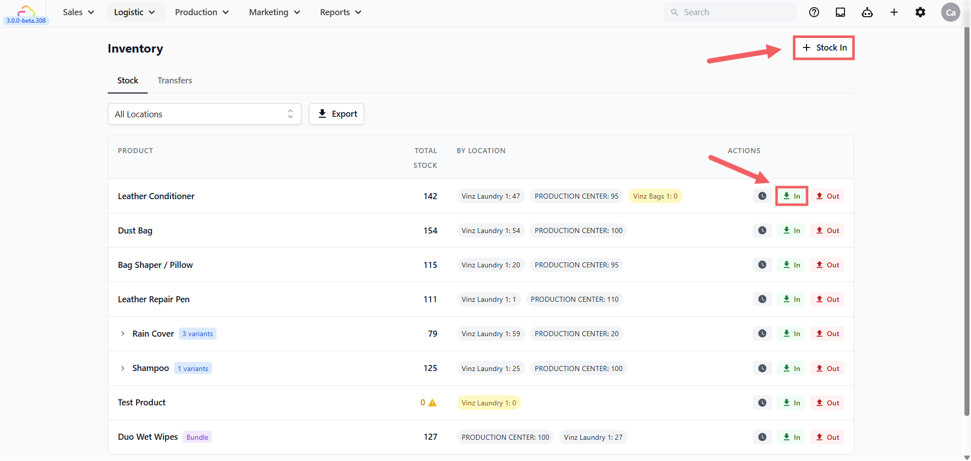 Click + Stock In at the top right, or click the In button on a product row.