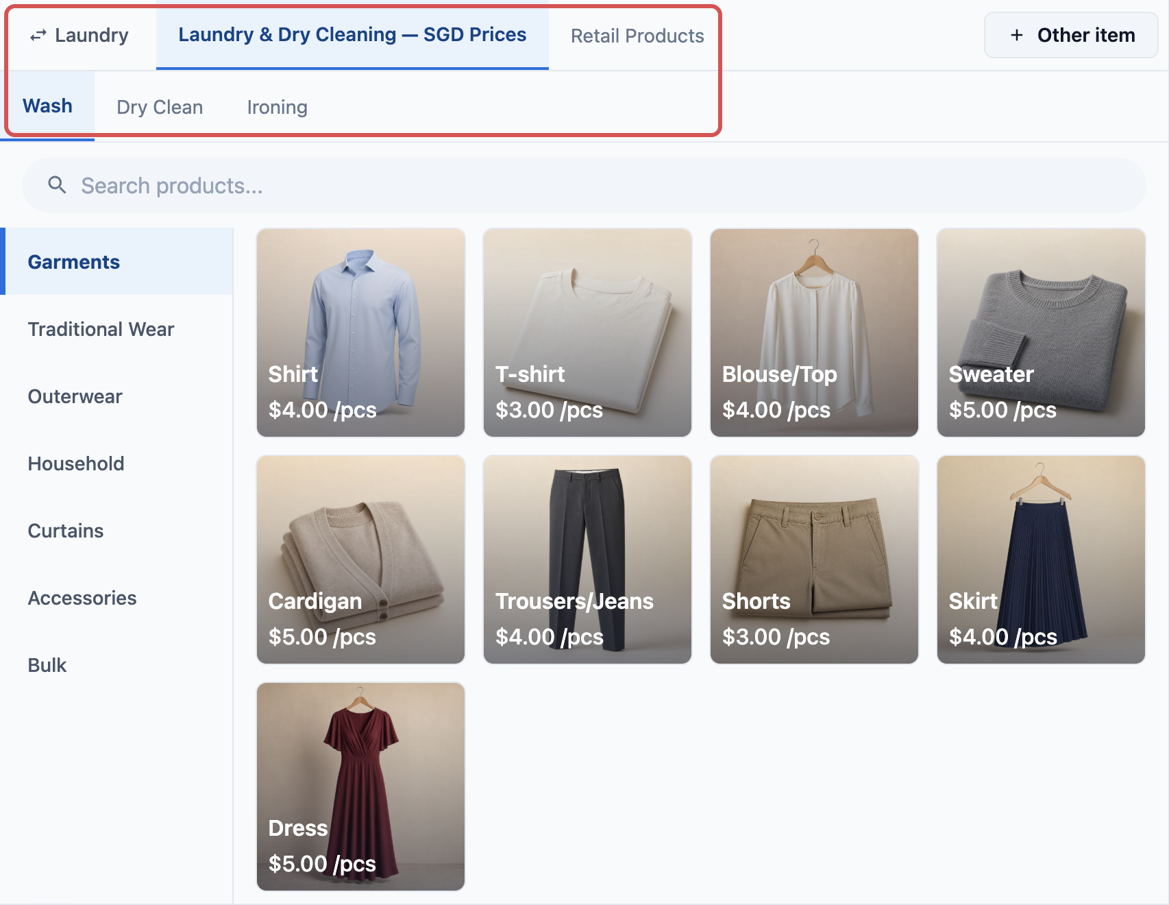 The POS item screen for Laundry, showing the price list tab, the Retail Products tab and the Wash, Dry Clean and Ironing tabs