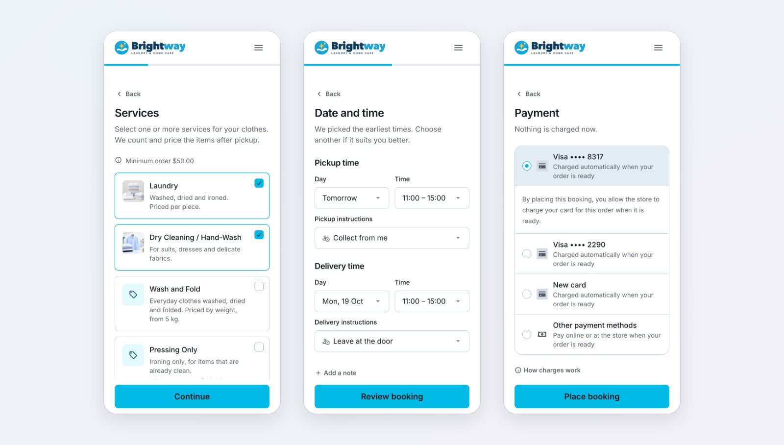 Three phone screens of a laundry booking: choosing services, picking pickup and delivery times, and the payment step with a saved card