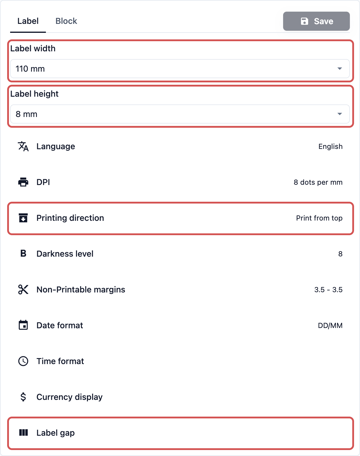 The Label tab with Label width, Label height, Printing direction and Label gap highlighted