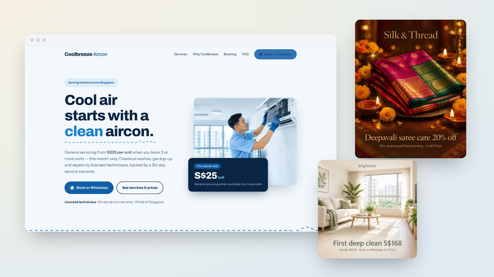 Websites and posters made by Marketing Studio for an aircon, home cleaning and garment care business