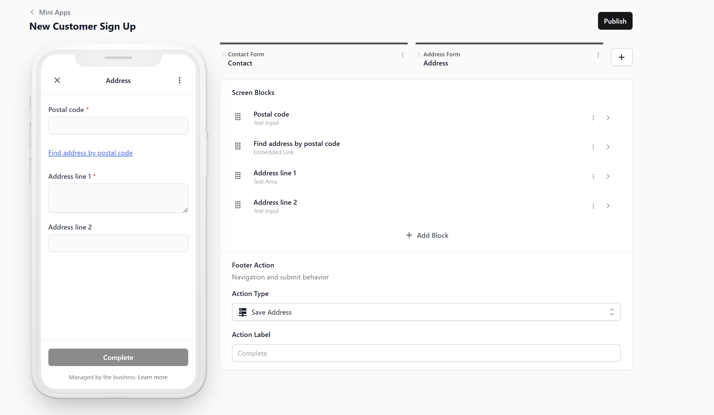 Footer Action set to Save Address.