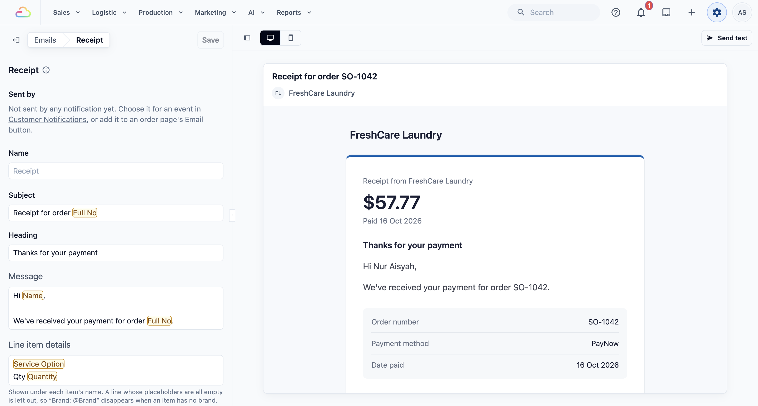 Emails page with the Receipt email open and its preview on the right