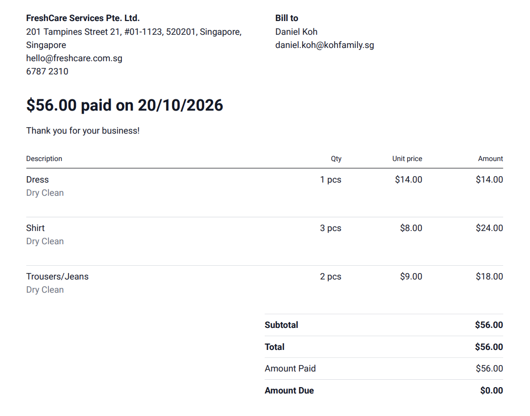 A finished Order Receipt PDF for a dry-cleaning order paid in full