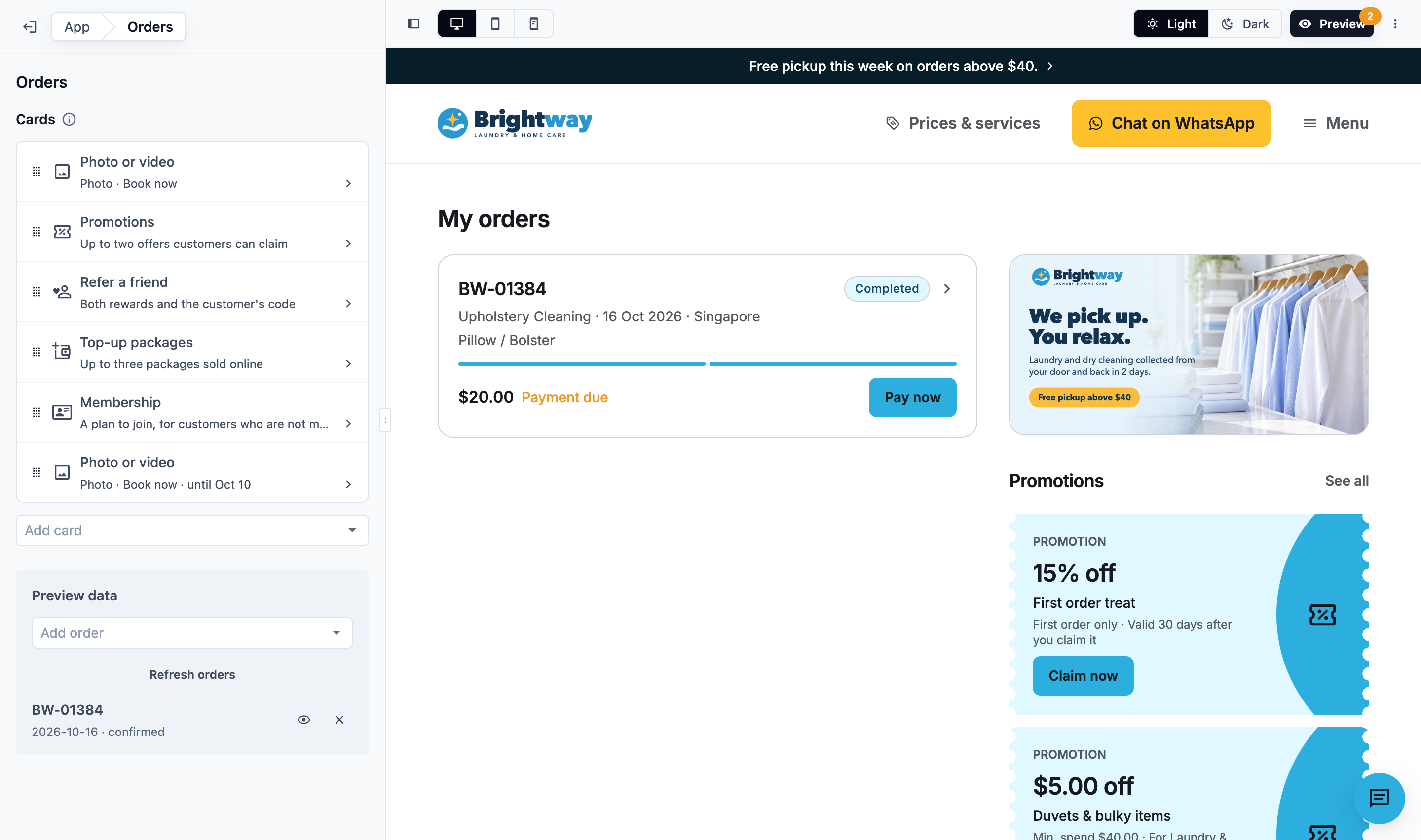 The store editor with the Orders page open: its Cards and the preview of My orders