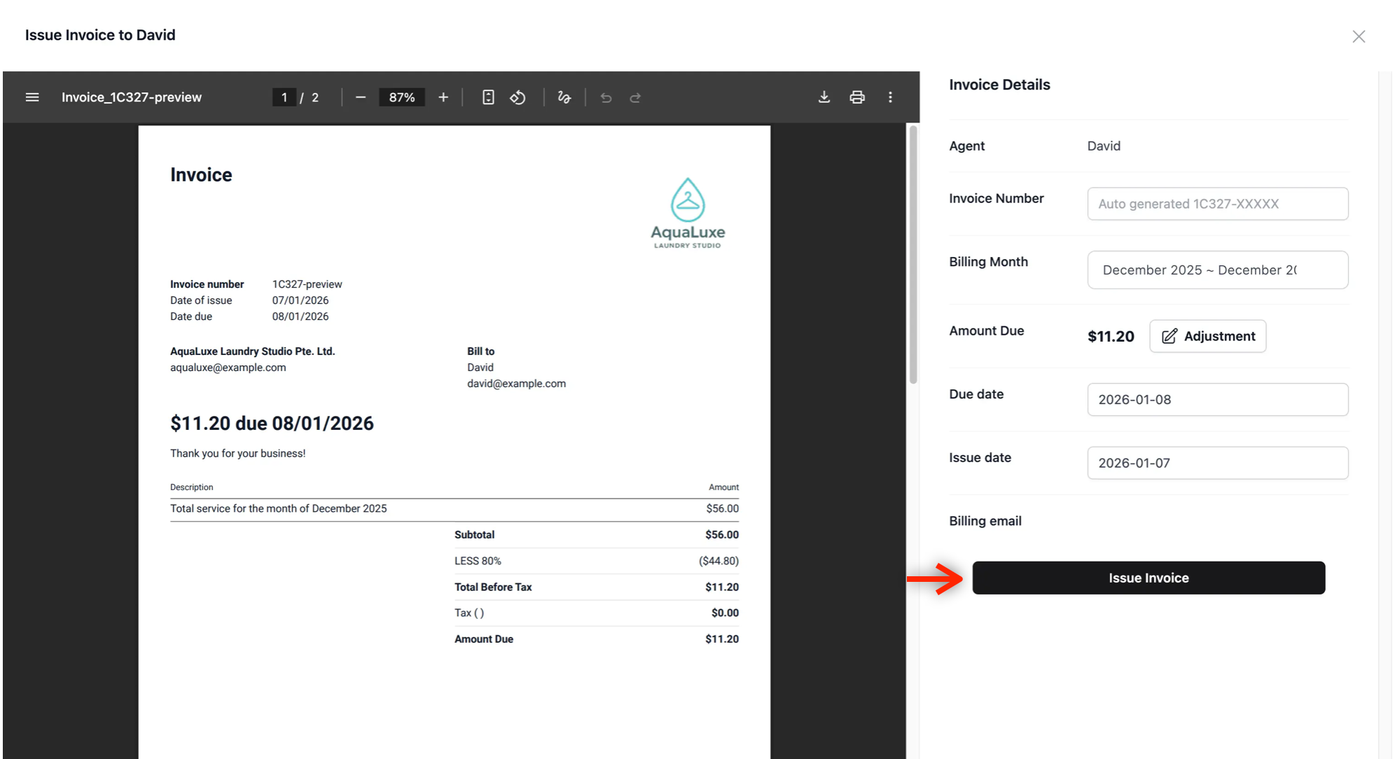 Click on the Issue Invoice button to send the invoice to the agent.