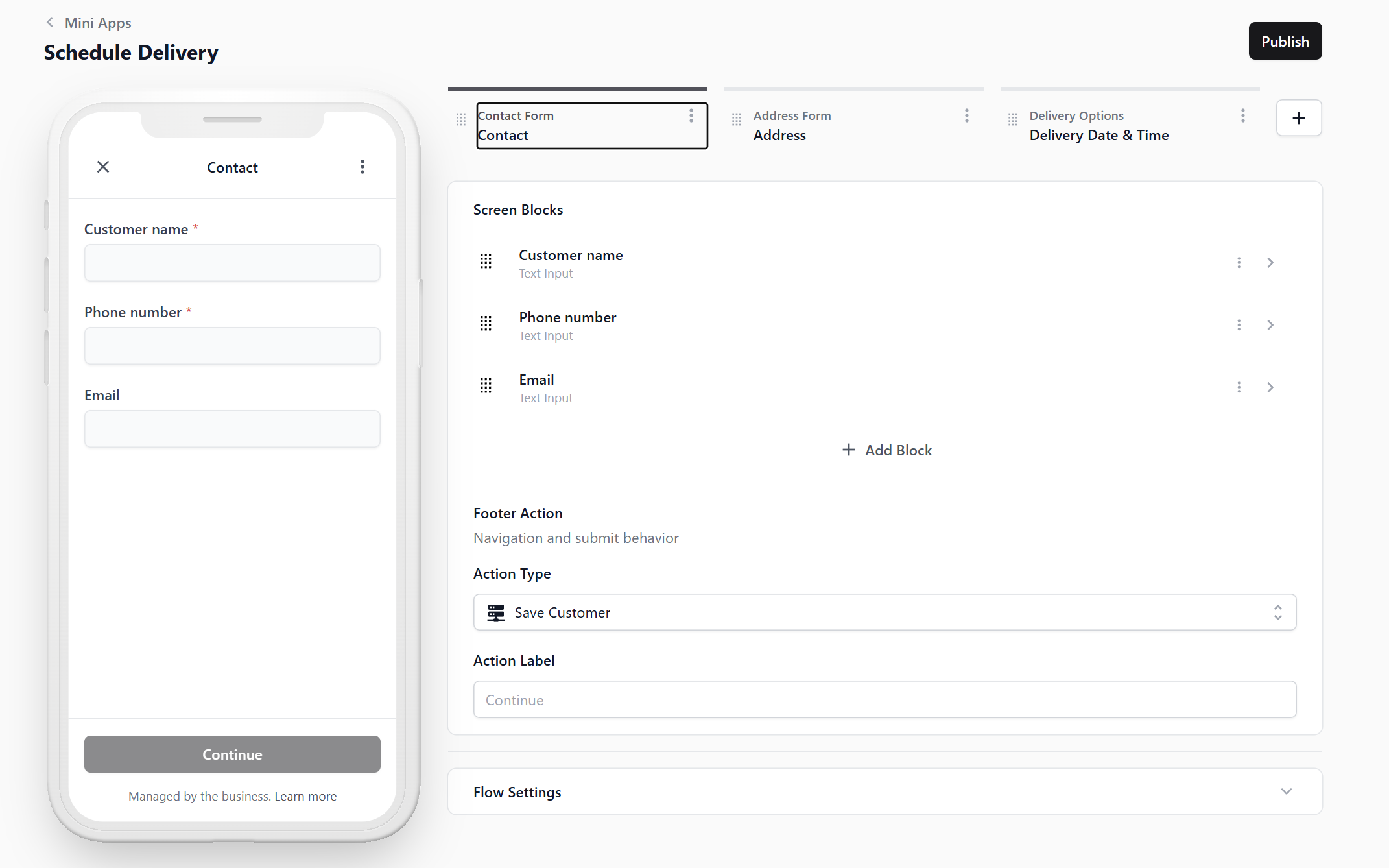 Footer Action set to Save Customer.