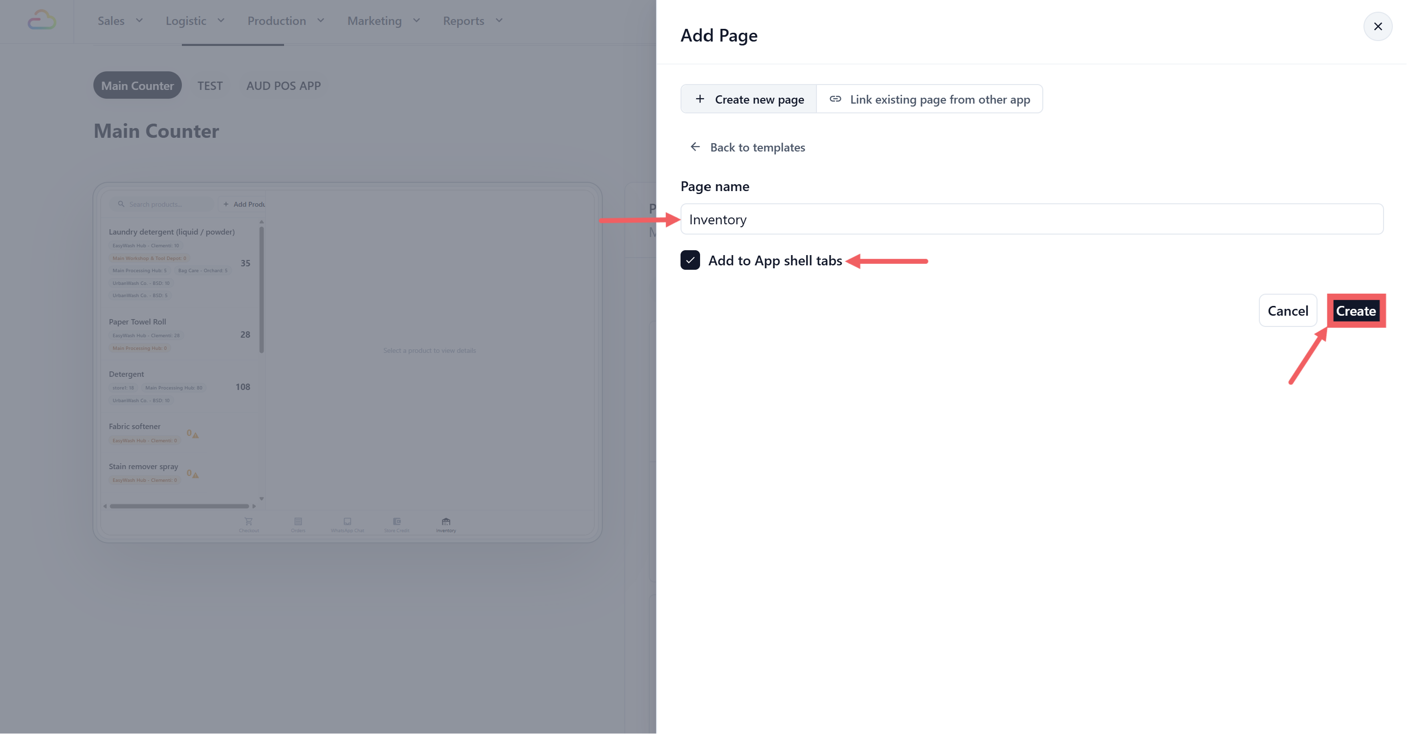 Scroll to the Point of Sale Standard section and click the Inventory template card.