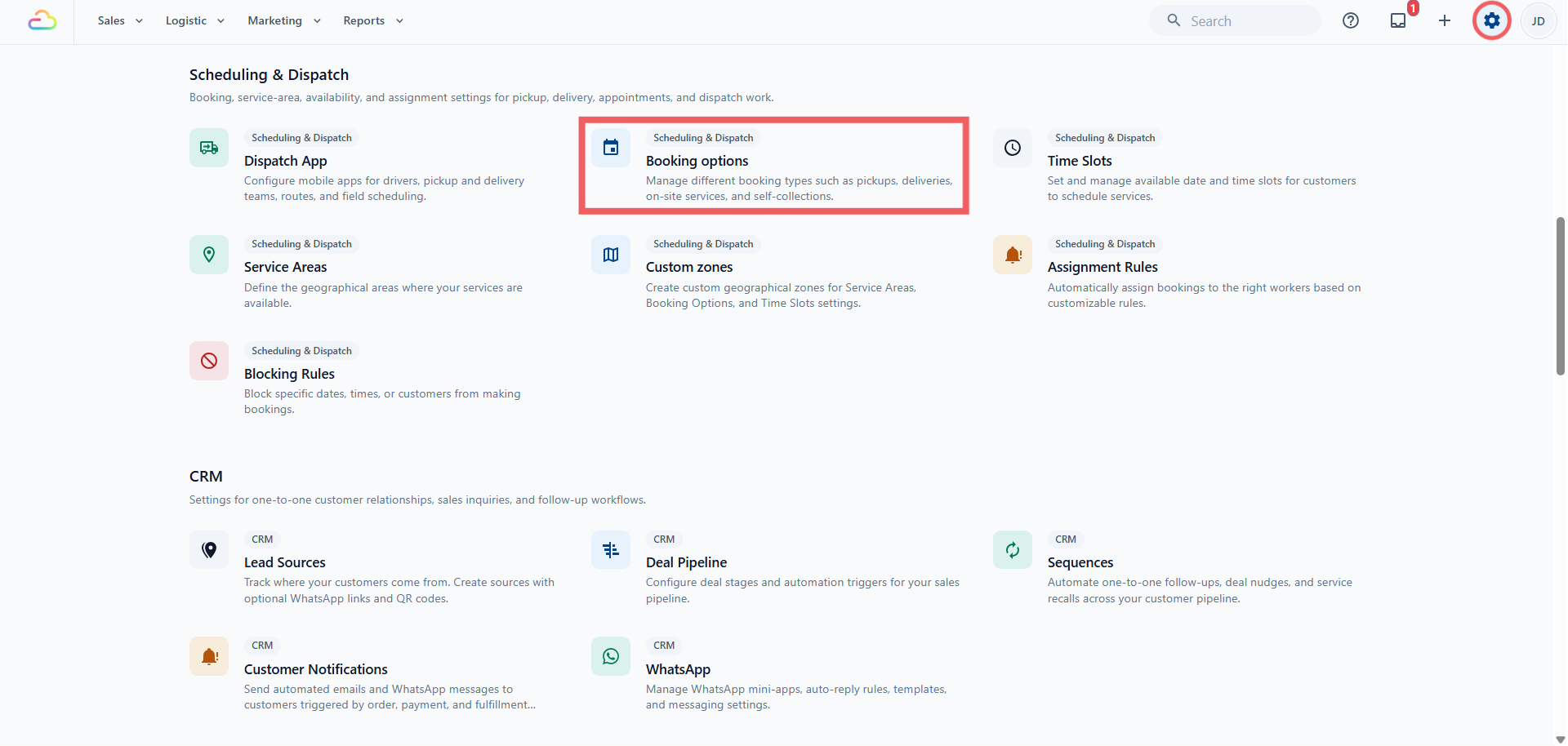 Under the Scheduling &amp; Dispatch section, click Booking Options.