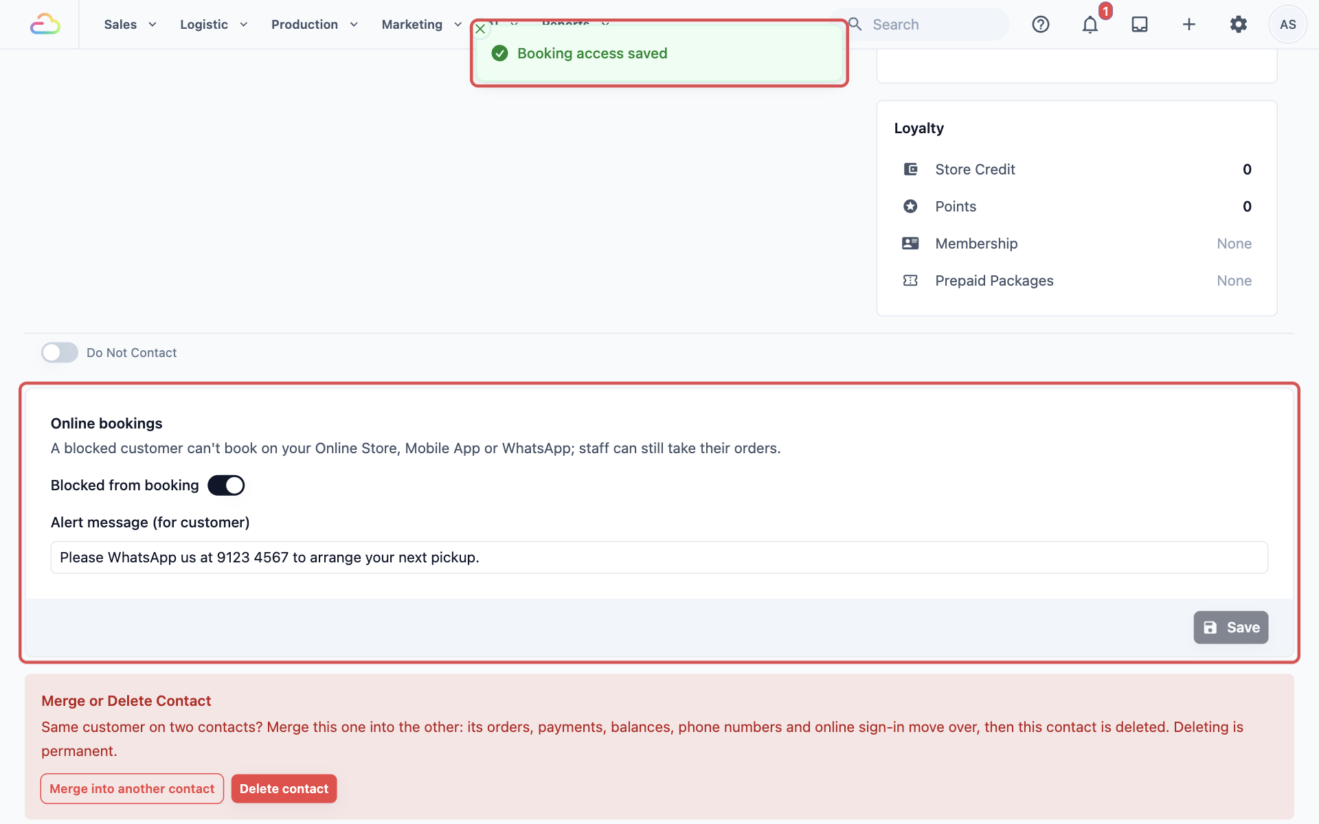 A customer's page in Contacts with the Online bookings box highlighted, showing the Blocked from booking switch and the customer's message
