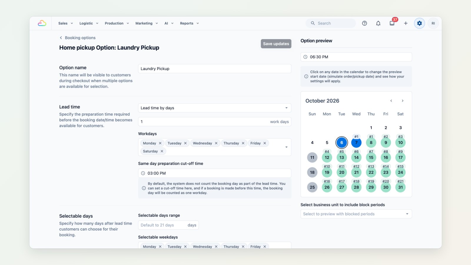 A home pickup booking option with lead time, workdays and cut-off time, beside a calendar preview of the dates customers can choose