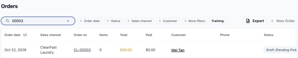Orders searched for 00003, showing the matching CleanFast Laundry order CL-00003 for Mei Tan.