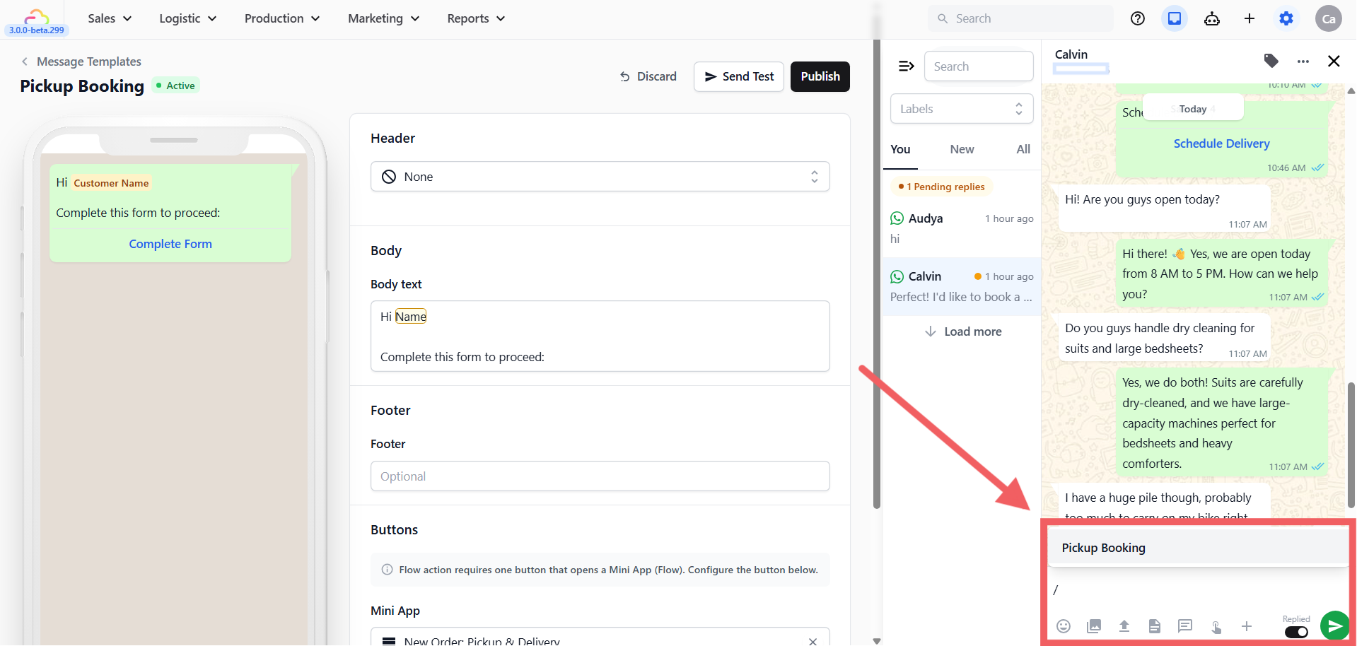 Confirm the customer or order link if prompted, then click Send.
