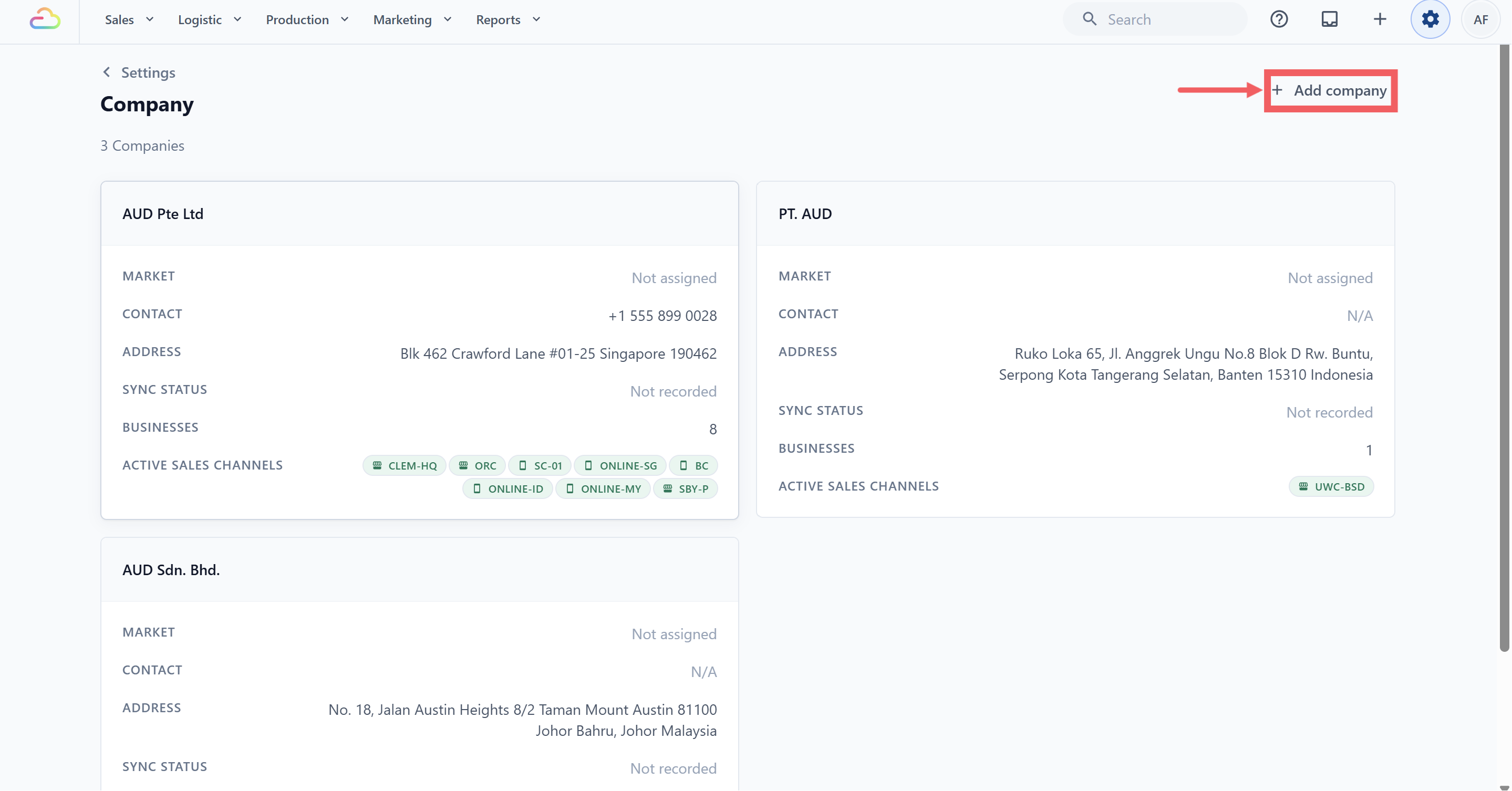 Click Add company in the top-right of the page.