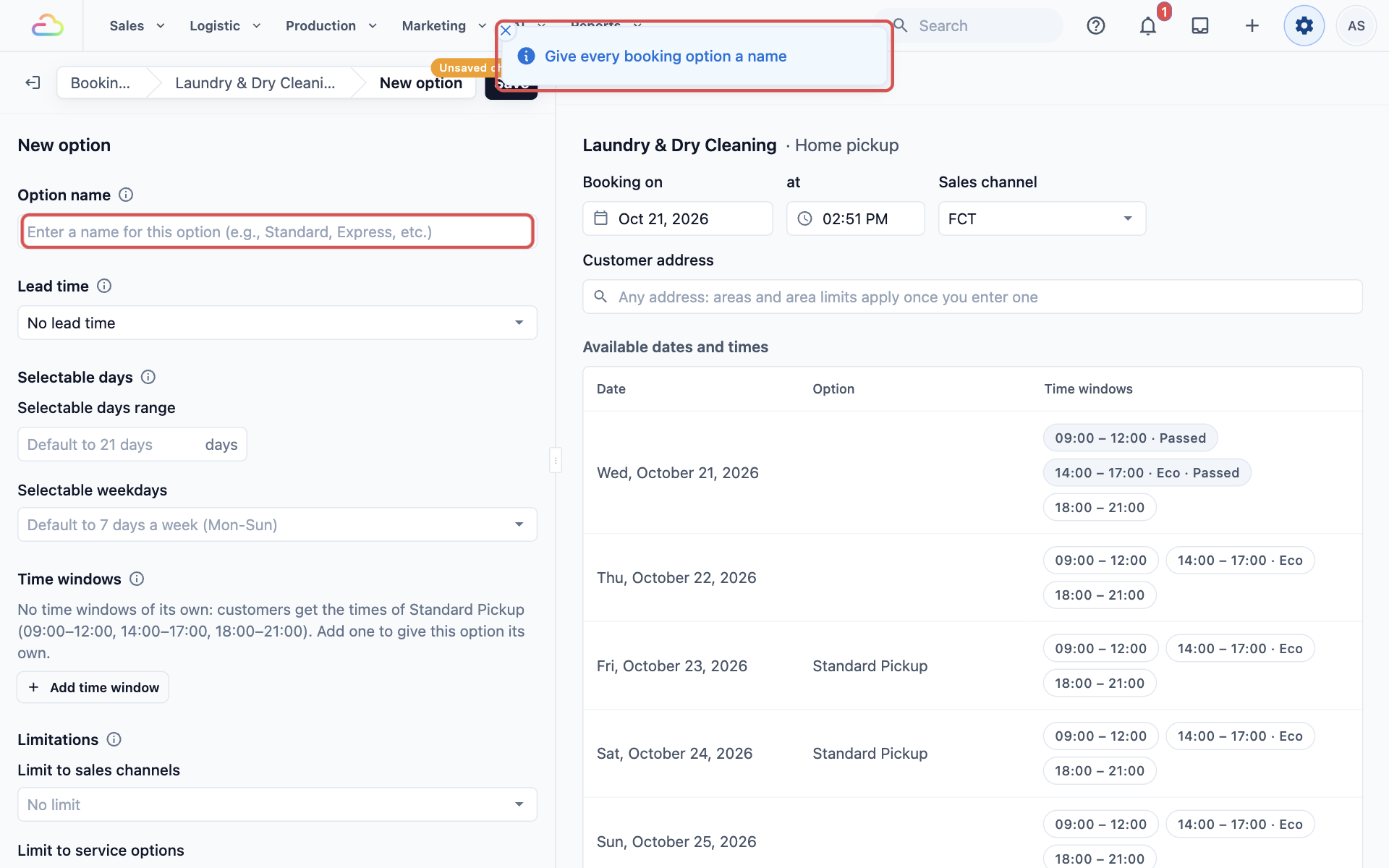 A new option left without a name, and the "Give every booking option a name" message at the top of the screen