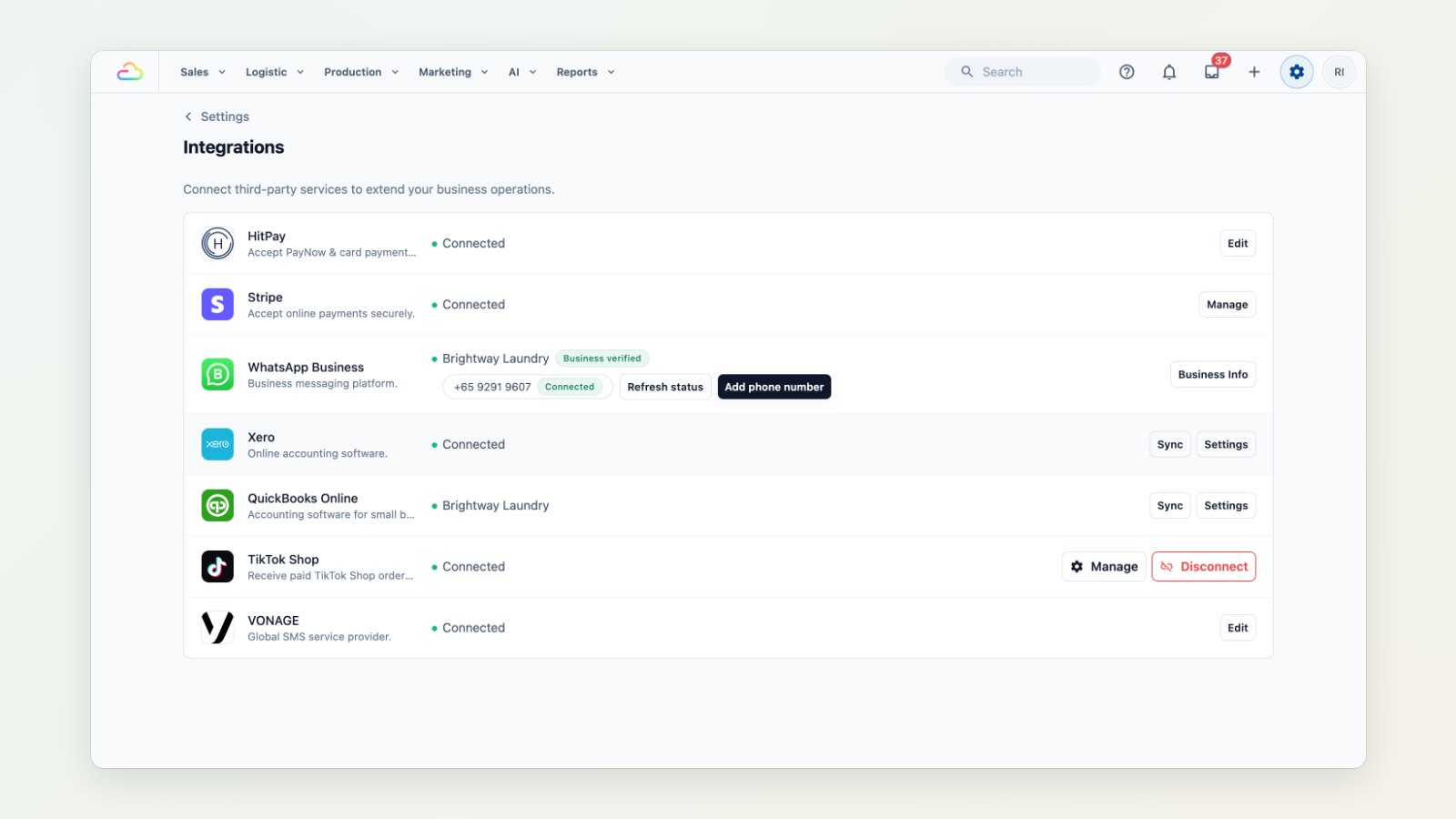 The EasyBiz Integrations page with QuickBooks Online connected