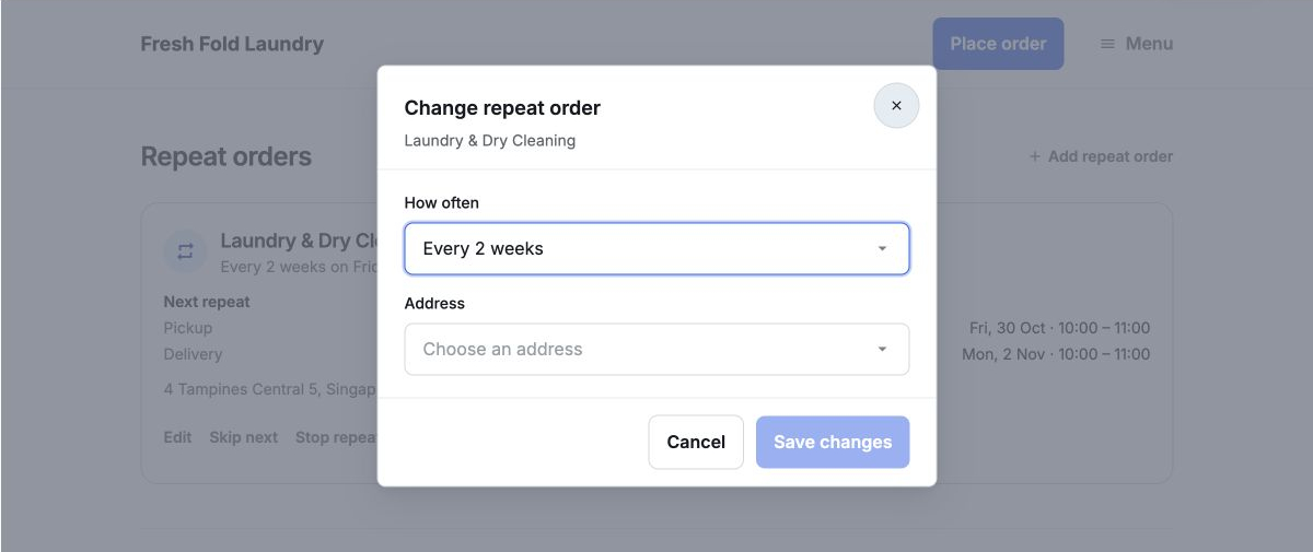 Customer edit dialog with repeat frequency and address controls