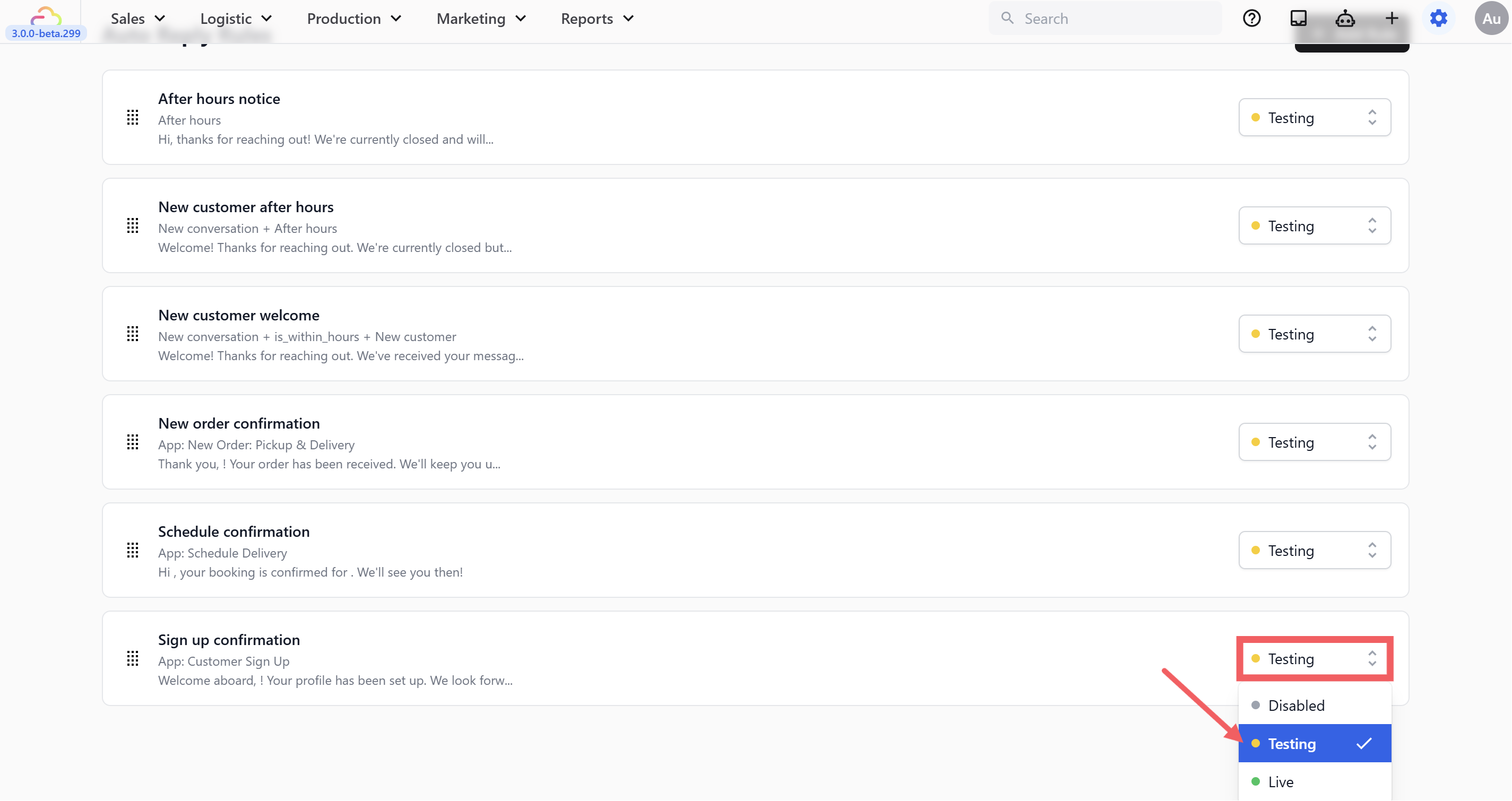 Set Status to Testing.