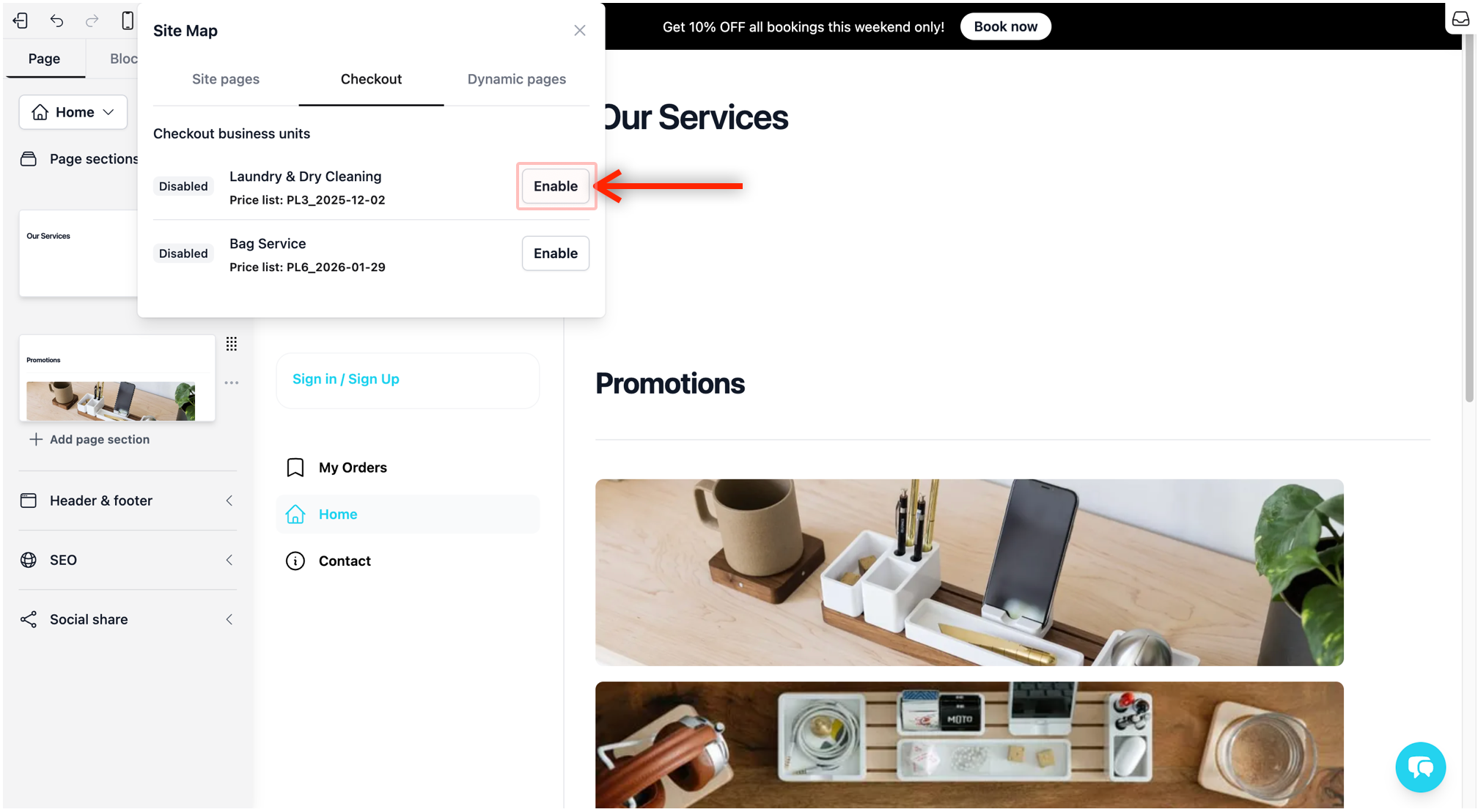 Select the Checkout tab. You should see your linked Price List here. By default, it is disabled. Click Enable.