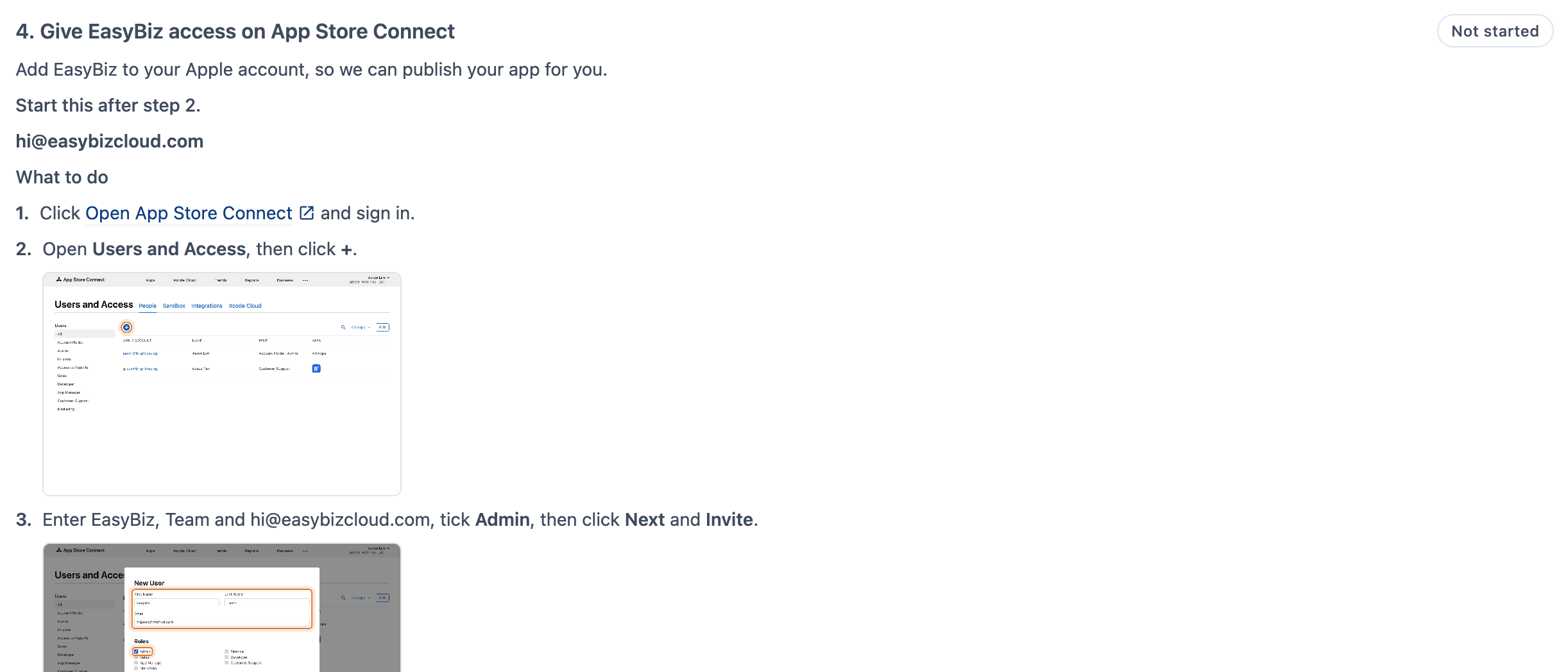 Step 4 of Launch your app, with the invite email and I've sent the invite
