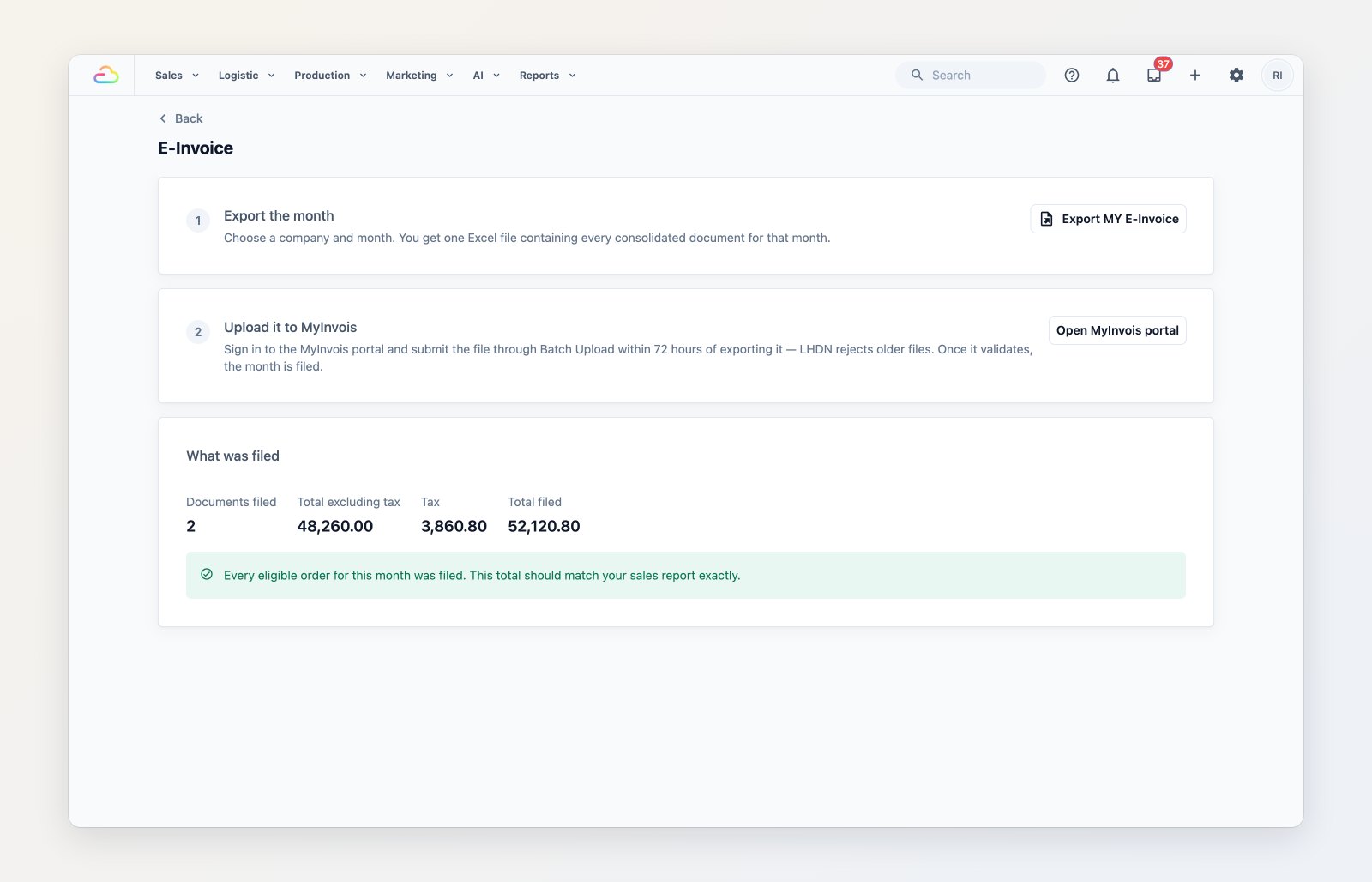 The E-Invoice report page for a Malaysian market with the month selector and export