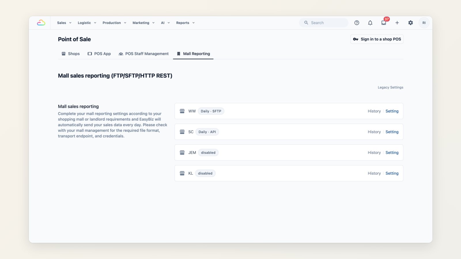 Mall Reporting settings in EasyBiz Console with each shop's daily sales submission