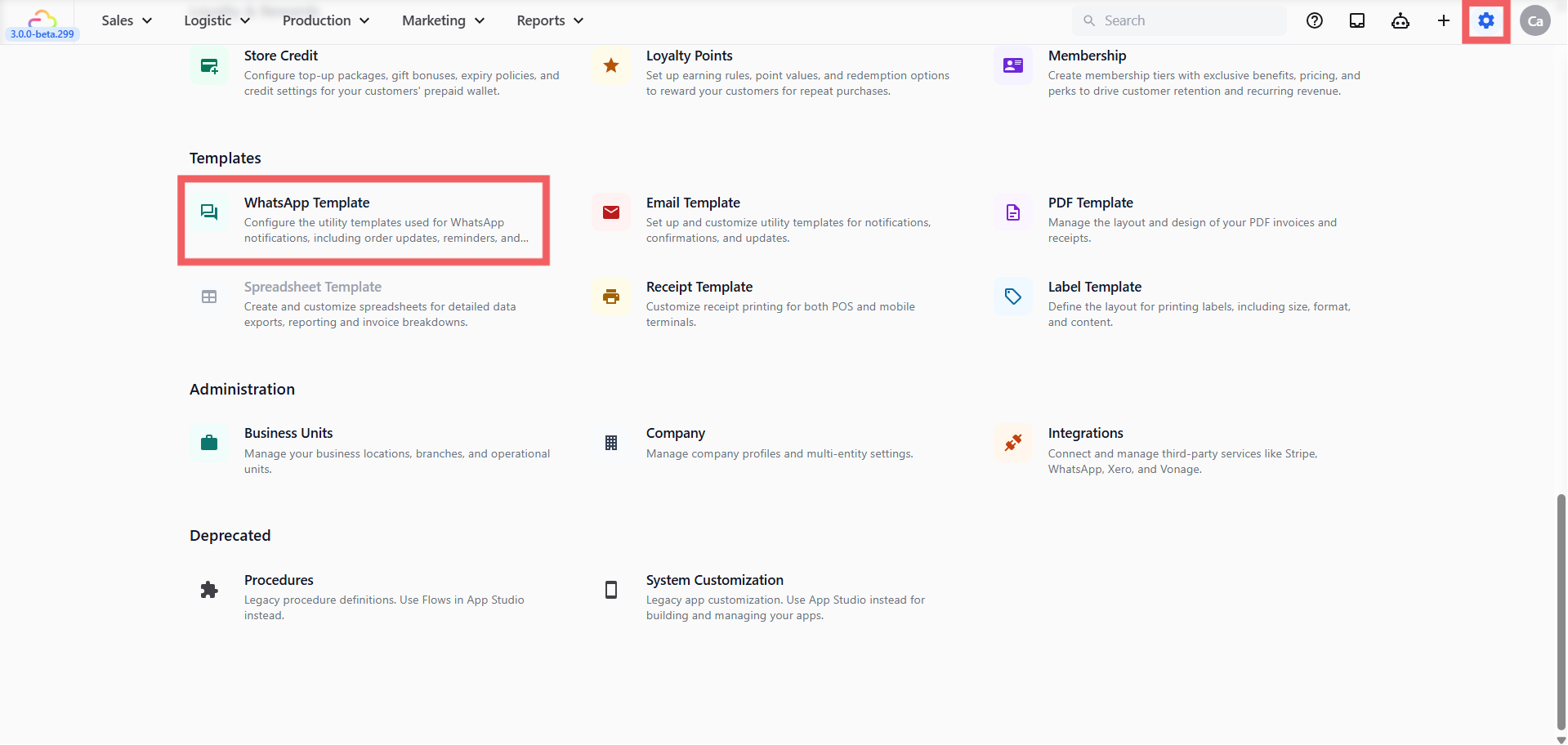 Alternatively, go to Settings → scroll to the Templates section → click WhatsApp Templates to go directly to the same page.