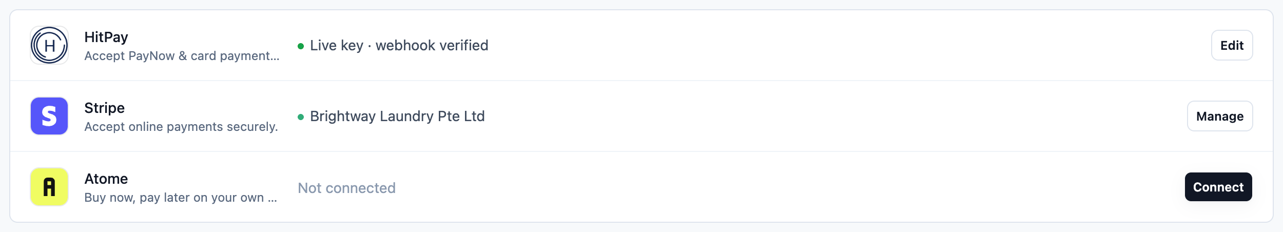The Integrations page with the HitPay, Stripe and Atome rows connected